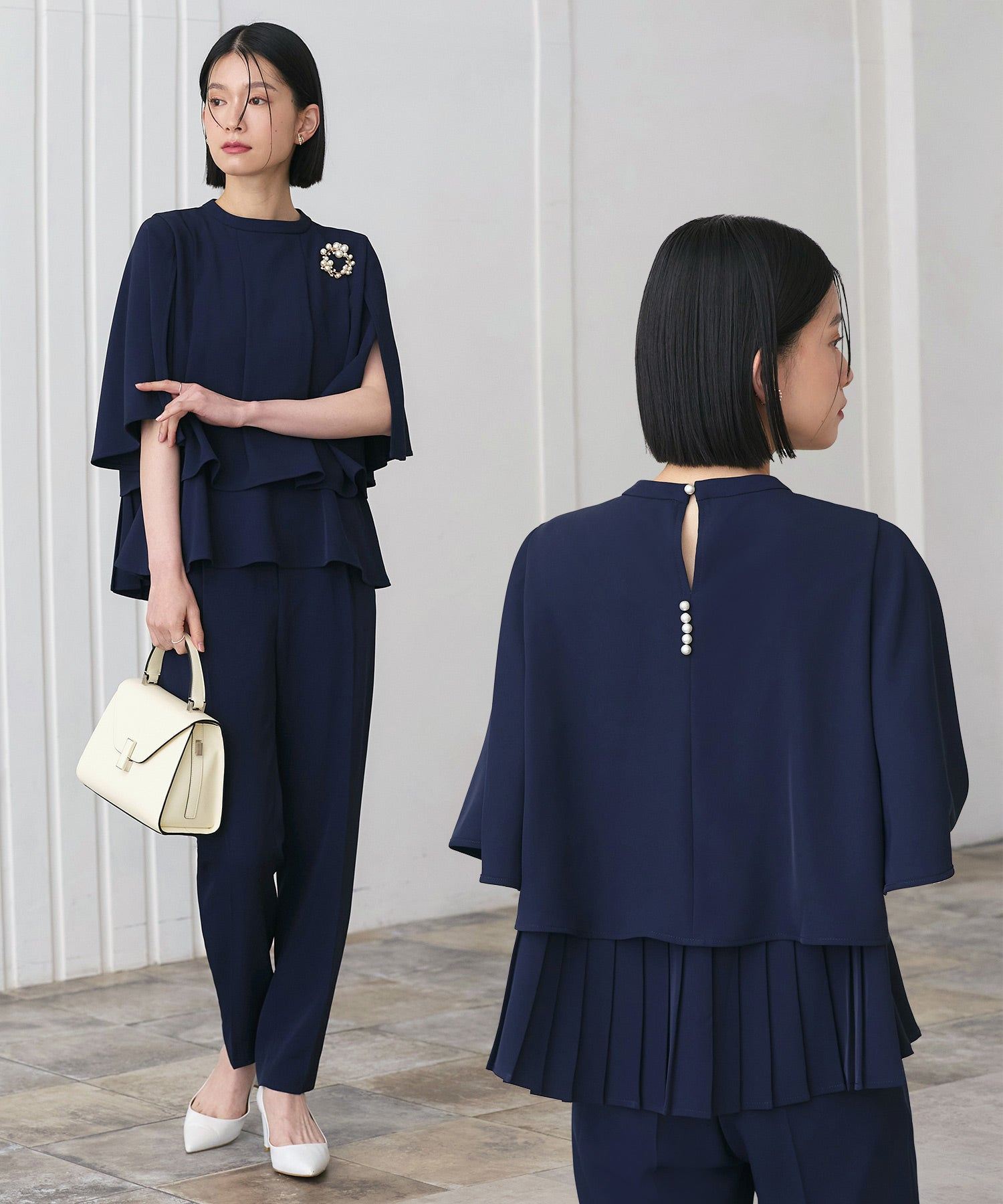 ルイルエブティック RUIRUE BOUTIQUE バックプリーツフレアスリーブトップス＆テーパードパンツセットアップ （ネイビー） ネイビー