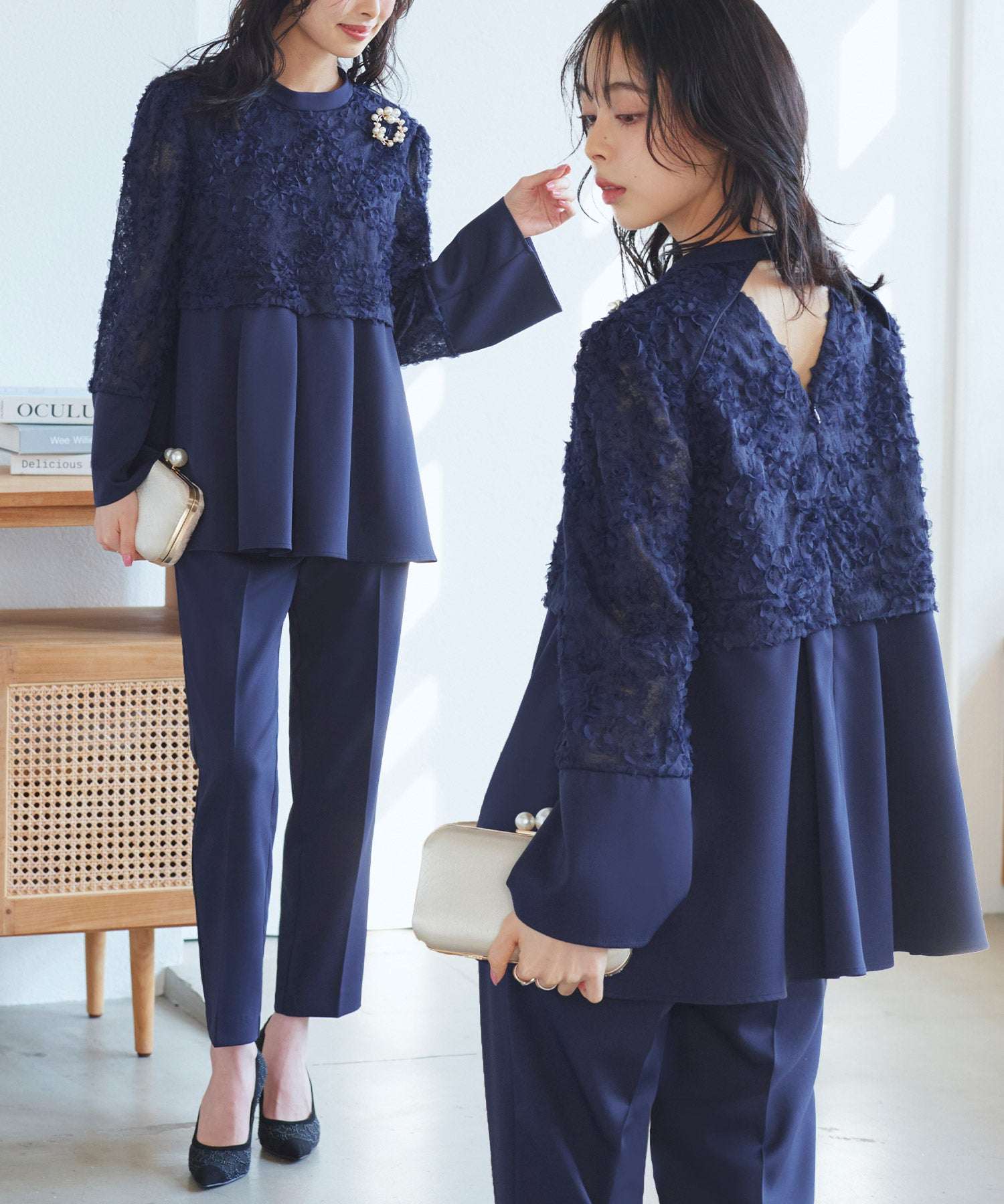 RUIRUE BOUTIQUE 婚禮禮服 彈性 可洗 ｜ 華麗 套裝 禮服 立體蕾絲 上衣 / 錐形褲 ｜ 美腿 伴娘禮服 派對禮服