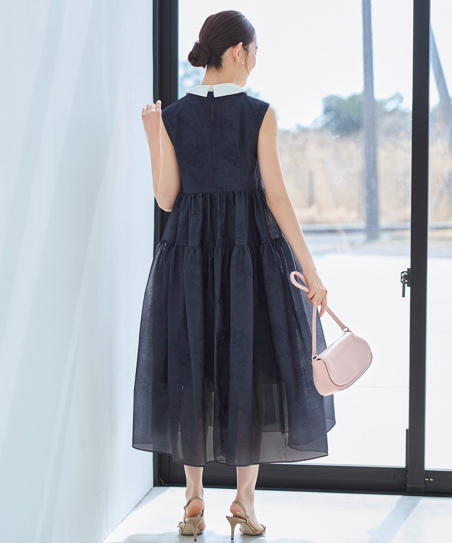 ルイルエブティック RUIRUE BOUTIQUE 洗える 2WAY ｜ 襟付き シアー ジャカード ギャザー フレア ワンピース ｜ レディース おしゃれ きれいめ オフィスカジュアル 通勤服 リゾート ロングワンピース （ネイビー） ネイビー