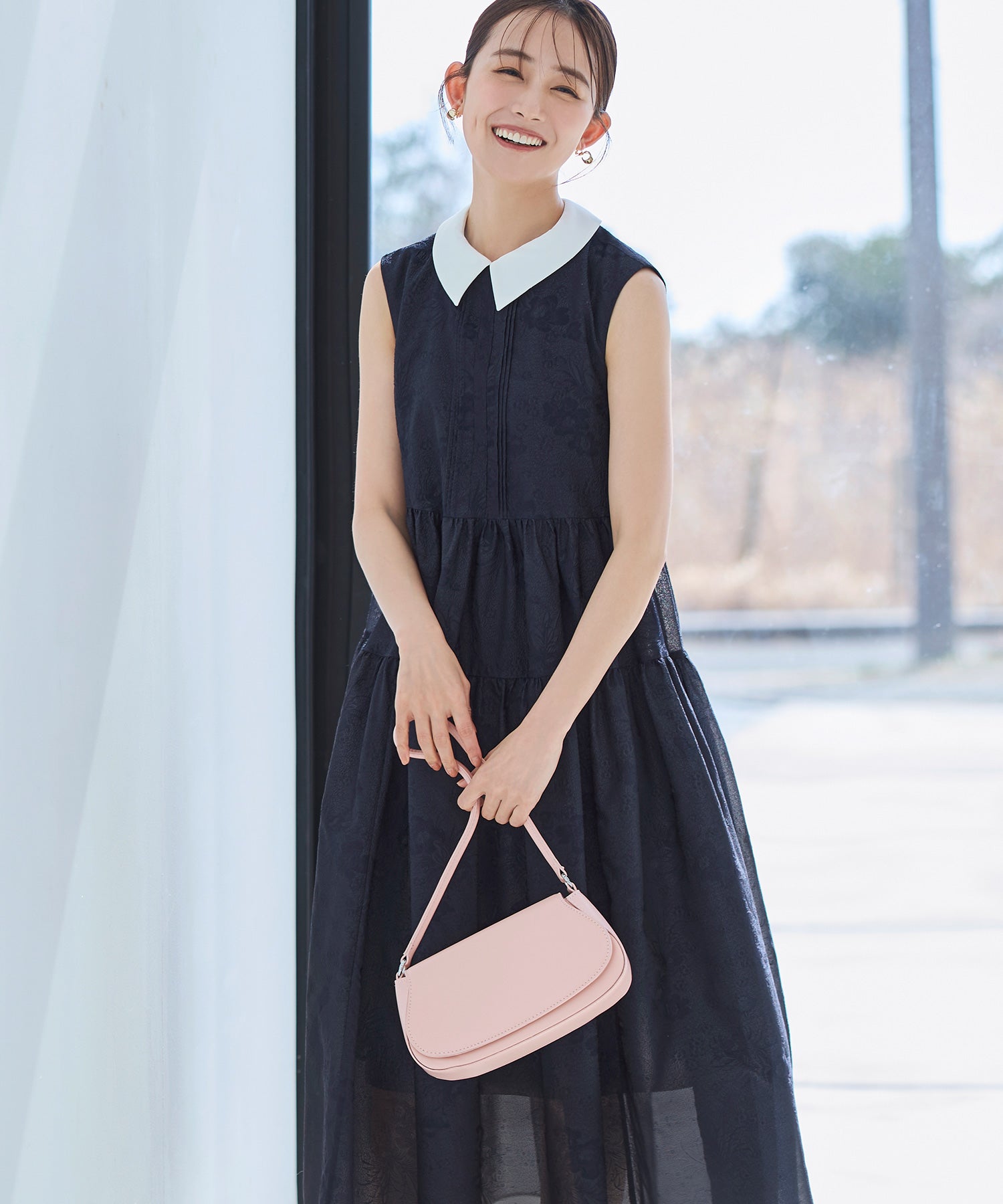 ルイルエブティック RUIRUE BOUTIQUE 洗える 2WAY ｜ 襟付き シアー ジャカード ギャザー フレア ワンピース ｜ レディース おしゃれ きれいめ オフィスカジュアル 通勤服 リゾート ロングワンピース （ネイビー） ネイビー