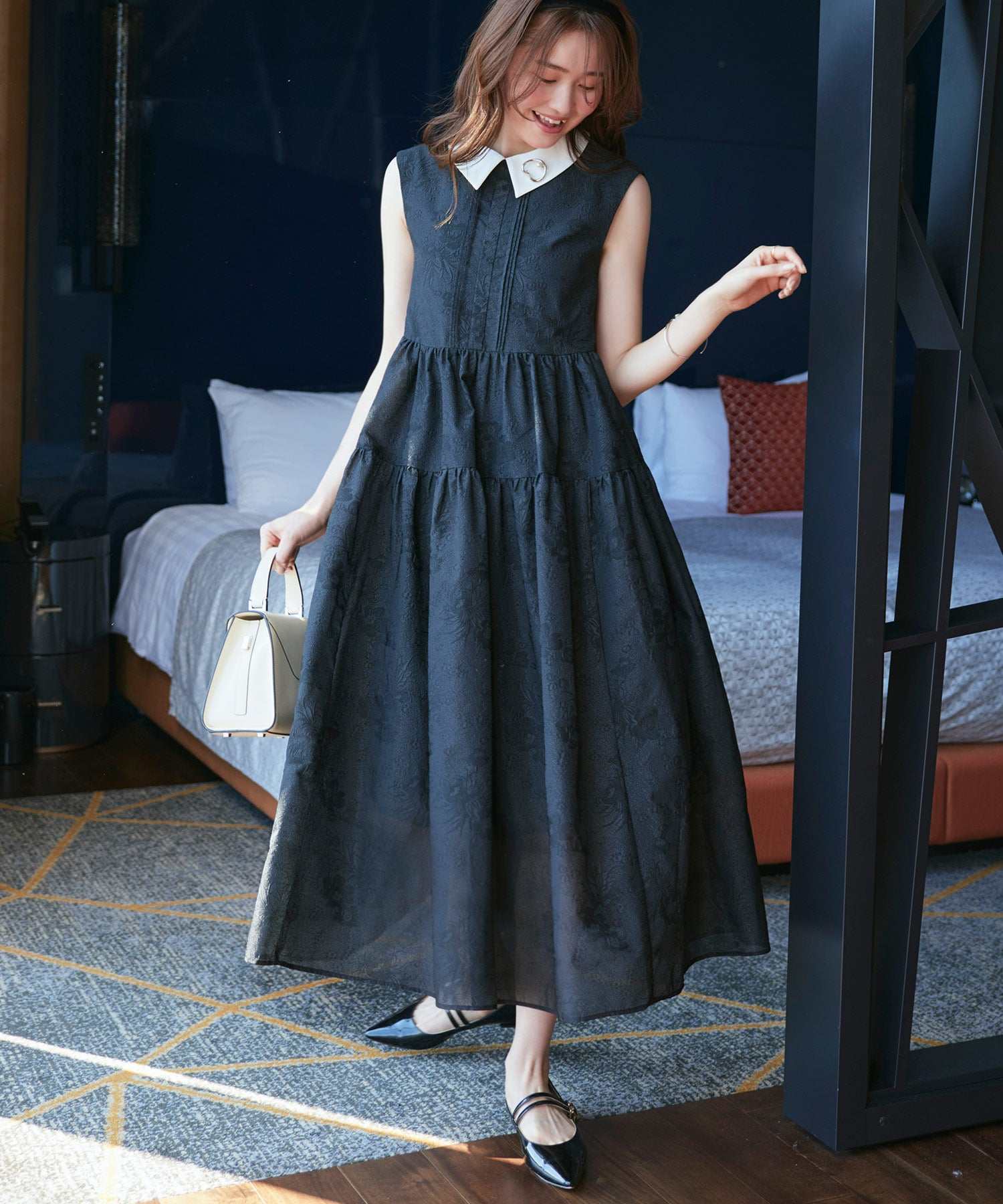 ルイルエブティック RUIRUE BOUTIQUE 襟付きシアージャカードギャザーフレアワンピース （ブラック） ブラック