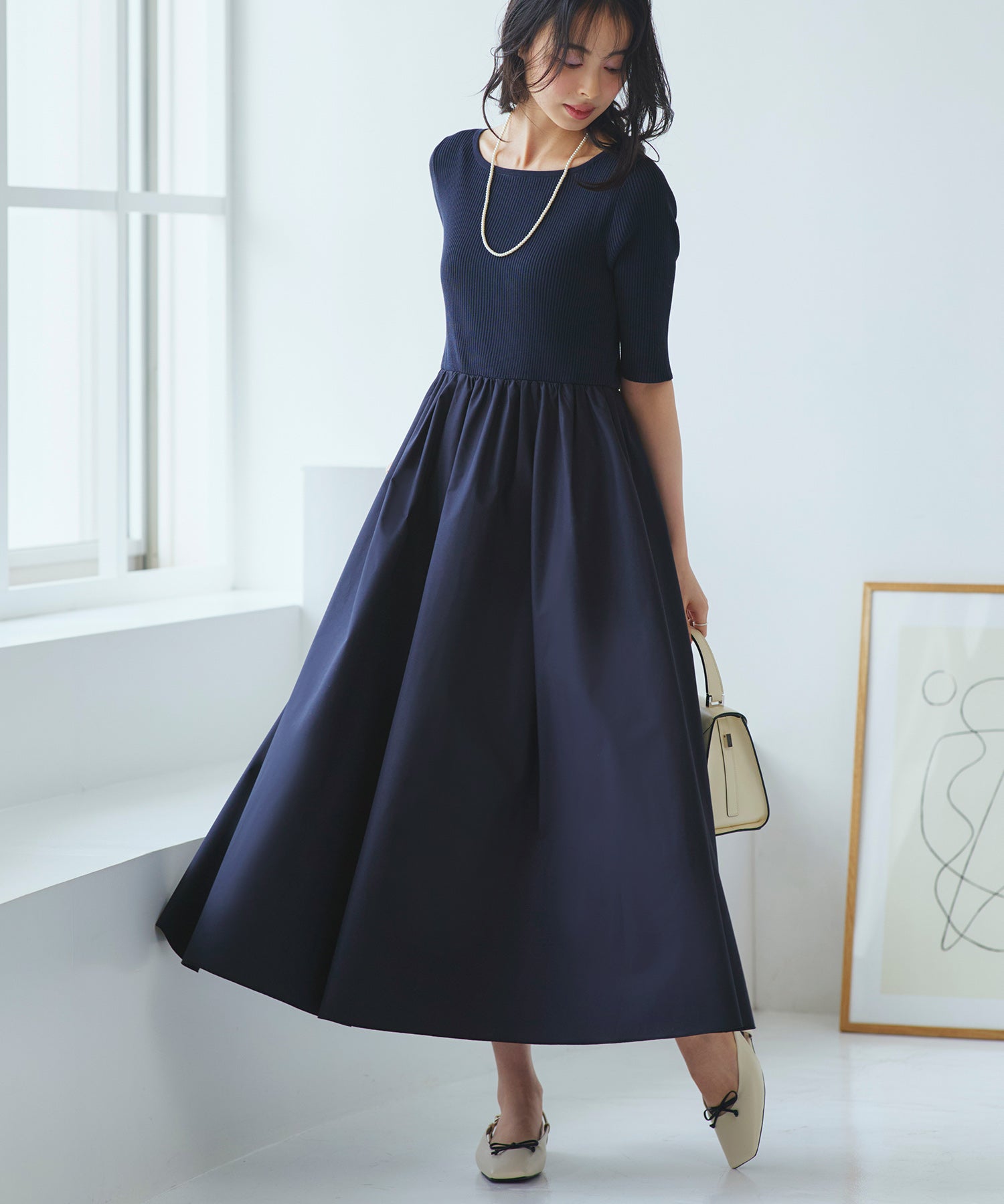 ルイルエブティック RUIRUE BOUTIQUE 洗える ストレッチ ｜ リブニット & ギャザースカート コンビワンピース ｜ レディース おしゃれ きれいめ 半袖 無地 オフィスカジュアル 通勤服 ニットワンピース （ネイビー） ネイビー