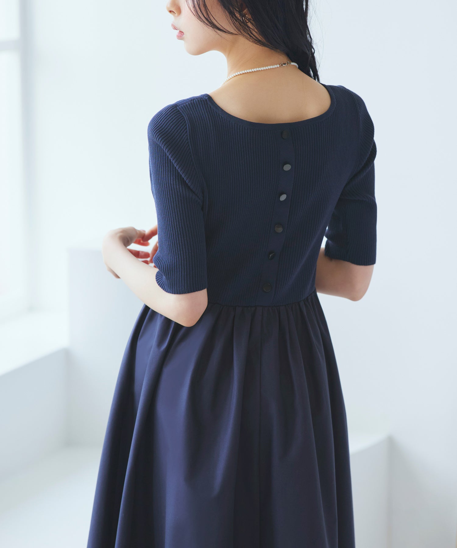 ルイルエブティック RUIRUE BOUTIQUE 洗える ストレッチ ｜ リブニット & ギャザースカート コンビワンピース ｜ レディース おしゃれ きれいめ 半袖 無地 オフィスカジュアル 通勤服 ニットワンピース （ネイビー） ネイビー