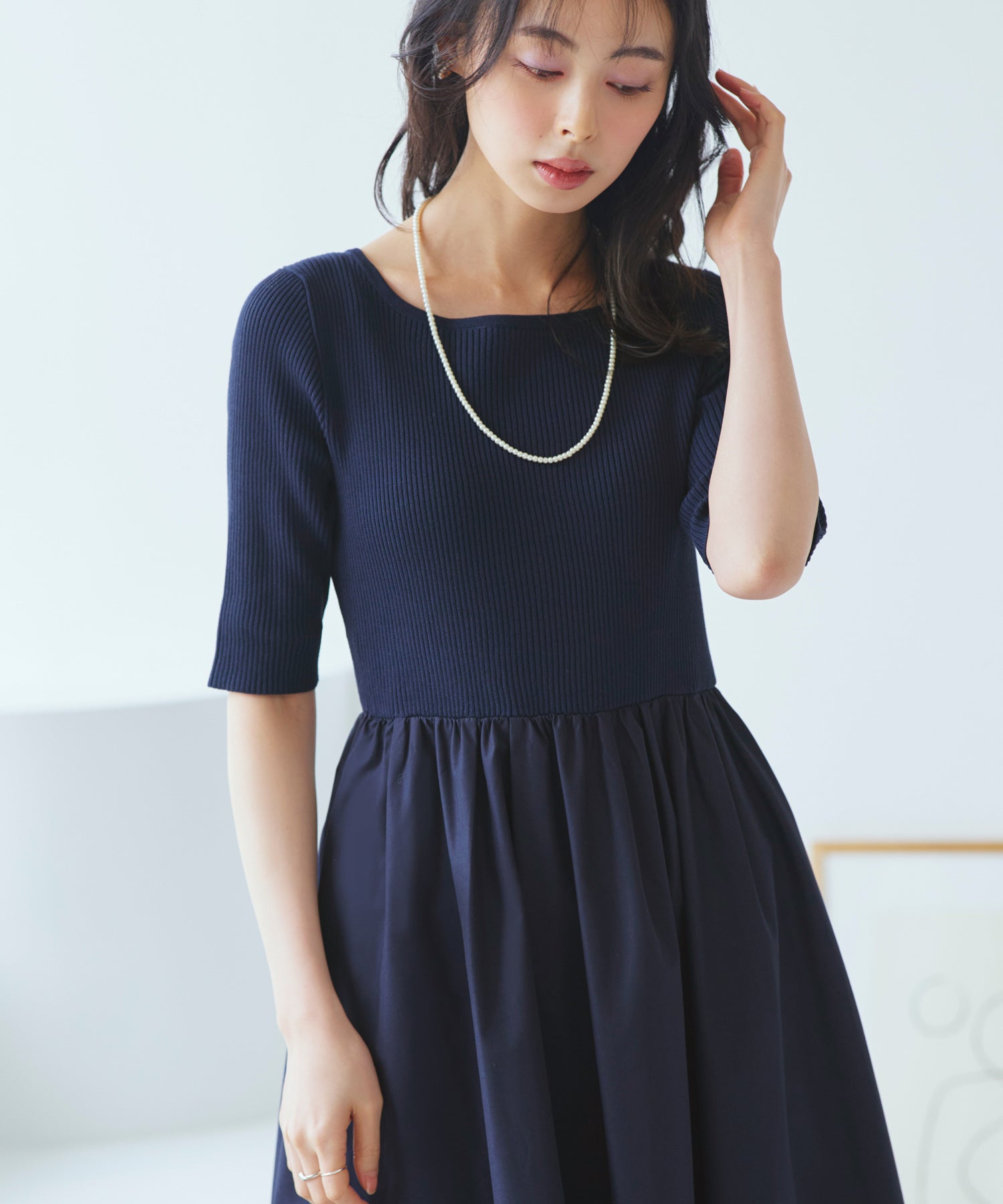 ルイルエブティック RUIRUE BOUTIQUE 洗える ストレッチ ｜ リブニット & ギャザースカート コンビワンピース ｜ レディース おしゃれ きれいめ 半袖 無地 オフィスカジュアル 通勤服 ニットワンピース （ネイビー） ネイビー