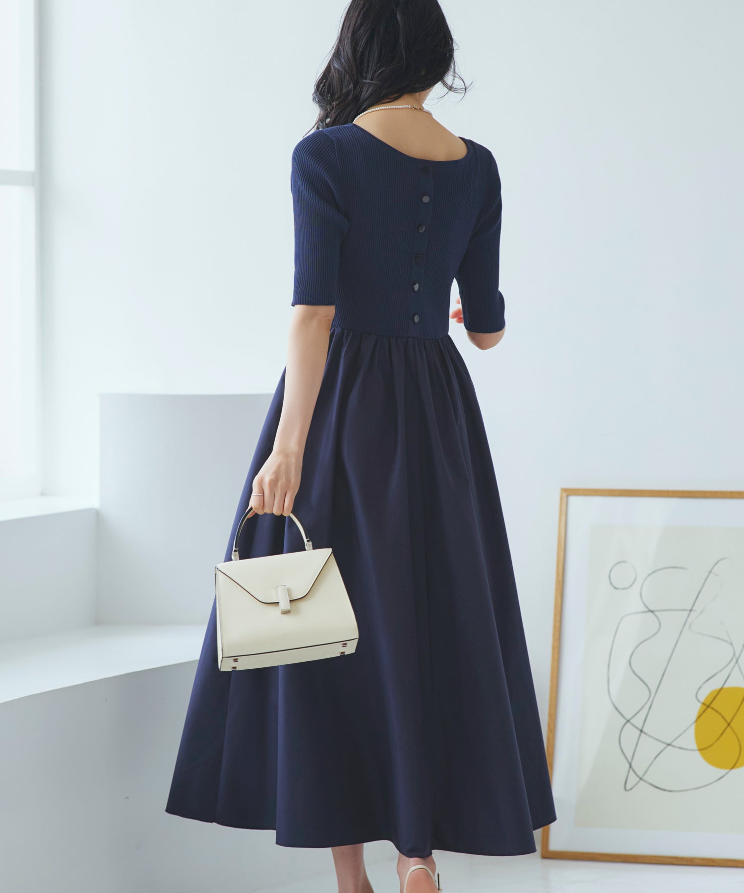 ルイルエブティック RUIRUE BOUTIQUE 洗える ストレッチ ｜ リブニット & ギャザースカート コンビワンピース ｜ レディース おしゃれ きれいめ 半袖 無地 オフィスカジュアル 通勤服 ニットワンピース （ネイビー） ネイビー