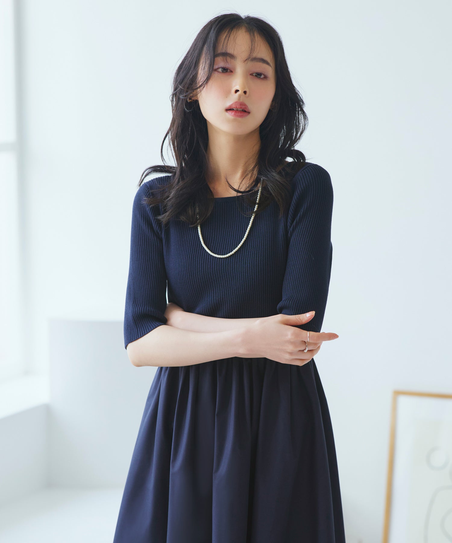 ルイルエブティック RUIRUE BOUTIQUE 洗える ストレッチ ｜ リブニット & ギャザースカート コンビワンピース ｜ レディース おしゃれ きれいめ 半袖 無地 オフィスカジュアル 通勤服 ニットワンピース （ネイビー） ネイビー