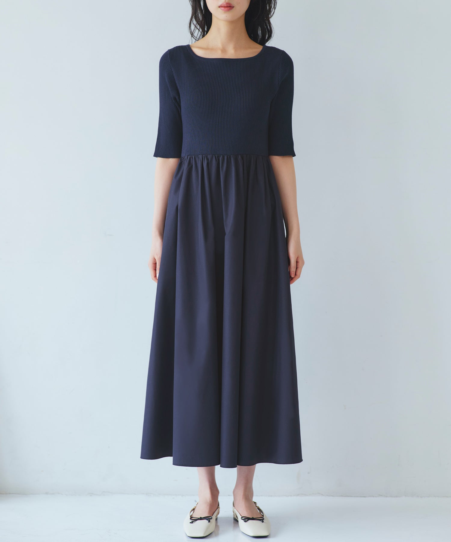 ルイルエブティック RUIRUE BOUTIQUE 洗える ストレッチ ｜ リブニット & ギャザースカート コンビワンピース ｜ レディース おしゃれ きれいめ 半袖 無地 オフィスカジュアル 通勤服 ニットワンピース （ネイビー） ネイビー