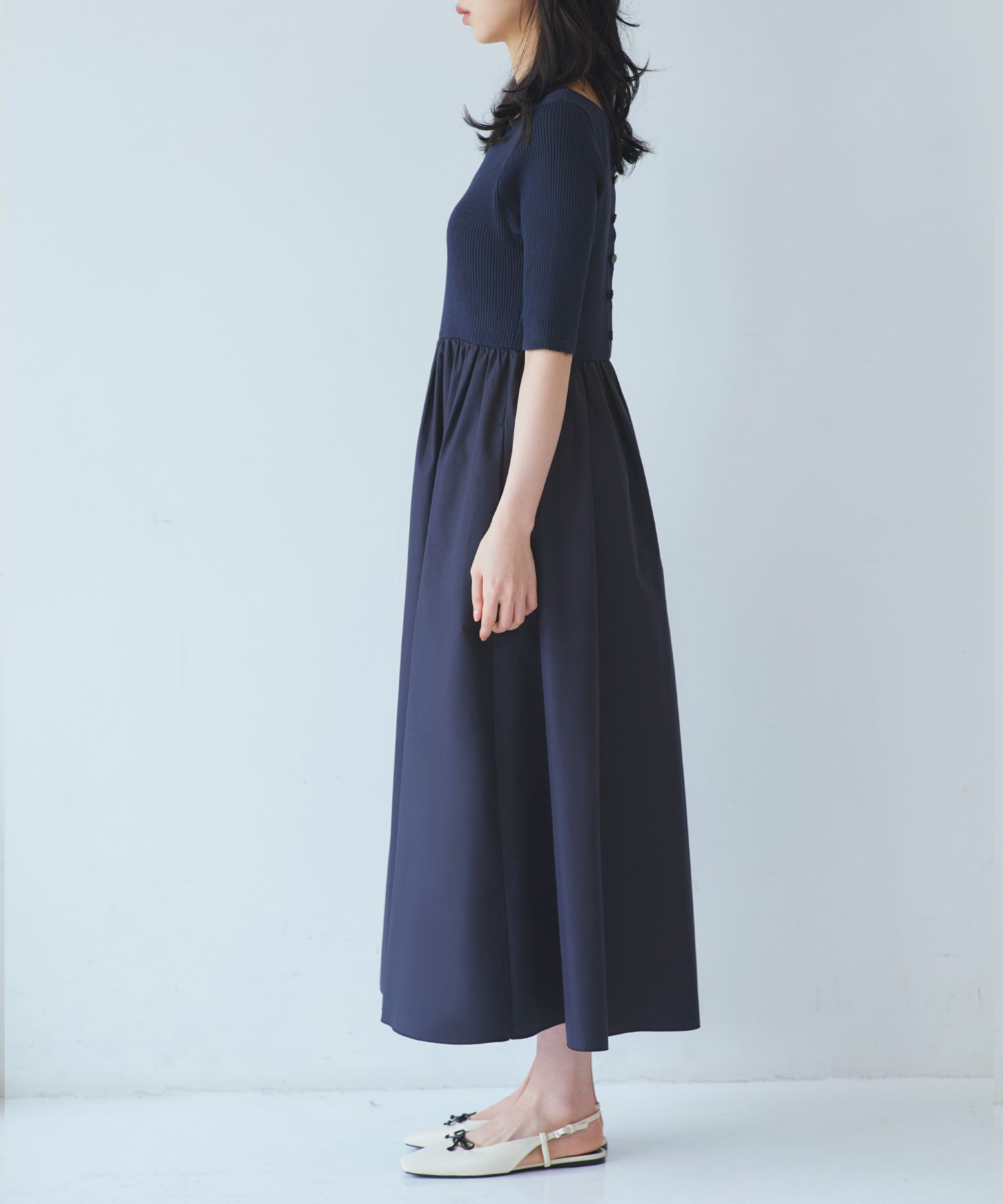 ルイルエブティック RUIRUE BOUTIQUE 洗える ストレッチ ｜ リブニット & ギャザースカート コンビワンピース ｜ レディース おしゃれ きれいめ 半袖 無地 オフィスカジュアル 通勤服 ニットワンピース （ネイビー） ネイビー