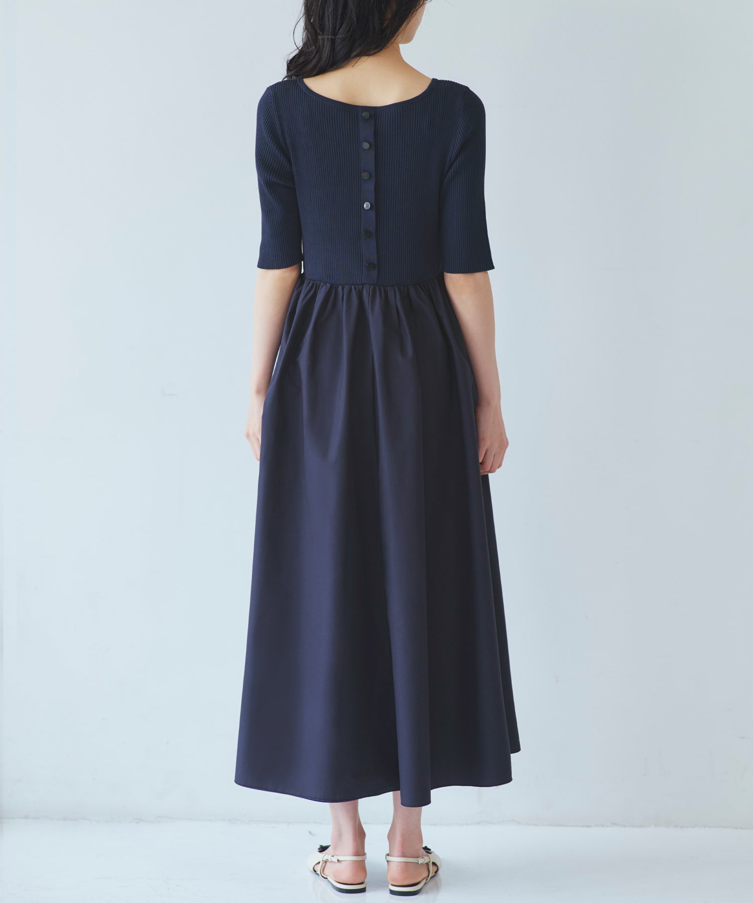 ルイルエブティック RUIRUE BOUTIQUE 洗える ストレッチ ｜ リブニット & ギャザースカート コンビワンピース ｜ レディース おしゃれ きれいめ 半袖 無地 オフィスカジュアル 通勤服 ニットワンピース （ネイビー） ネイビー