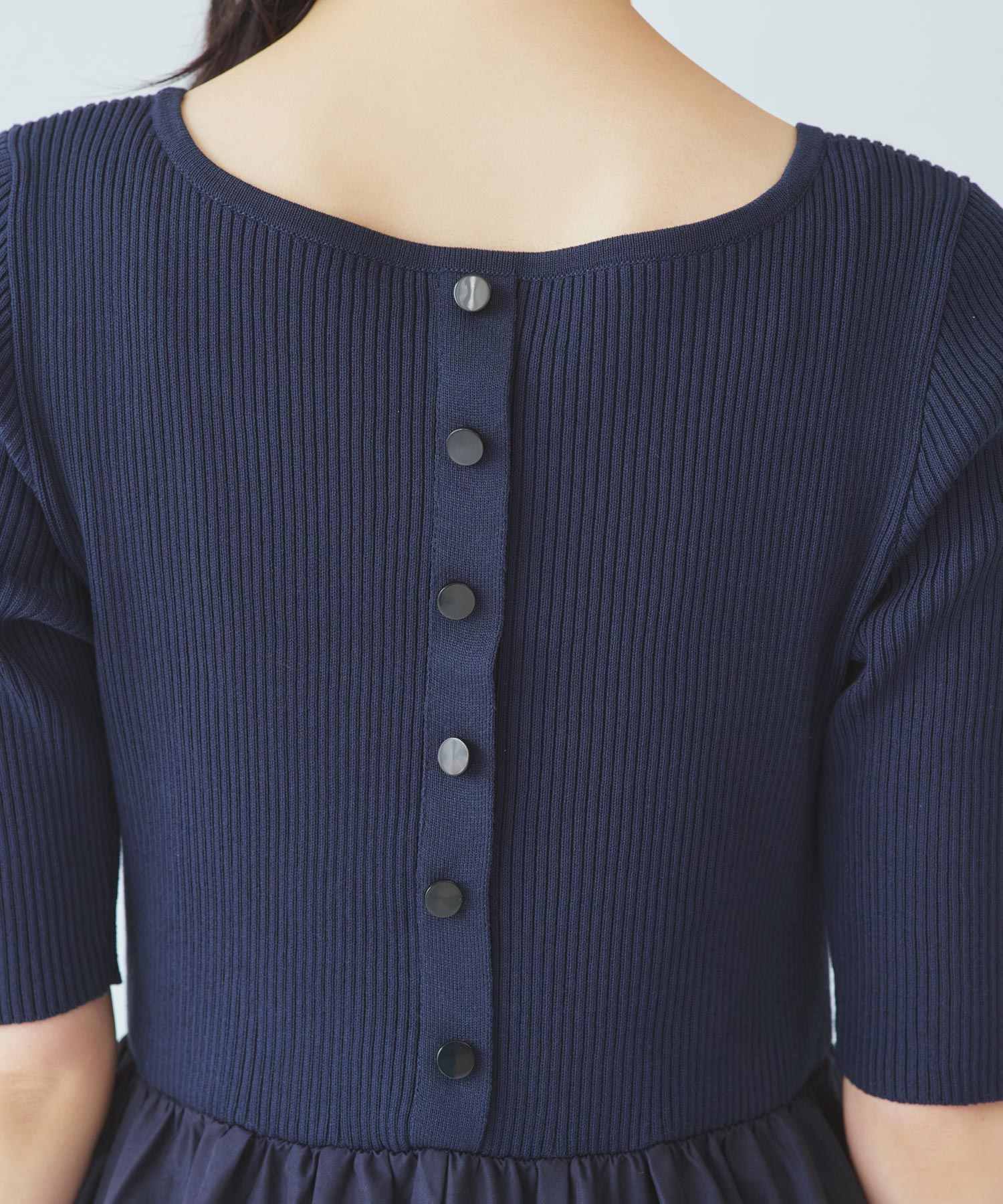 ルイルエブティック RUIRUE BOUTIQUE 洗える ストレッチ ｜ リブニット & ギャザースカート コンビワンピース ｜ レディース おしゃれ きれいめ 半袖 無地 オフィスカジュアル 通勤服 ニットワンピース （ネイビー） ネイビー