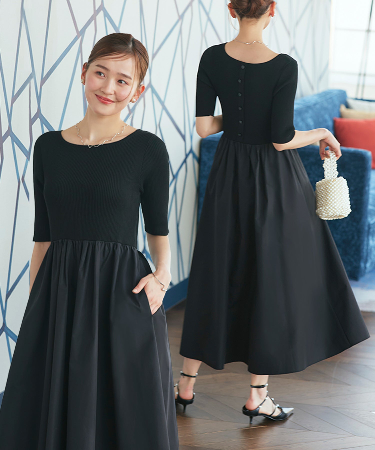 ルイルエブティック RUIRUE BOUTIQUE 洗える ストレッチ ｜ リブニット & ギャザースカート コンビワンピース ｜ レディース おしゃれ きれいめ 半袖 無地 オフィスカジュアル 通勤服 ニットワンピース （ブラック） ブラック