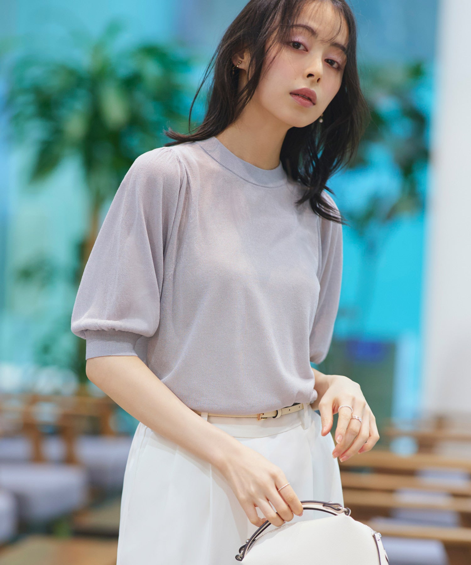 ルイルエブティック RUIRUE BOUTIQUE 洗える ストレッチ ｜ バックパール シアー パフ ニット ｜ レディース おしゃれ きれいめ 五分袖 オフィスカジュアル 通勤服 サマーニット ニットトップス （グレー） グレー