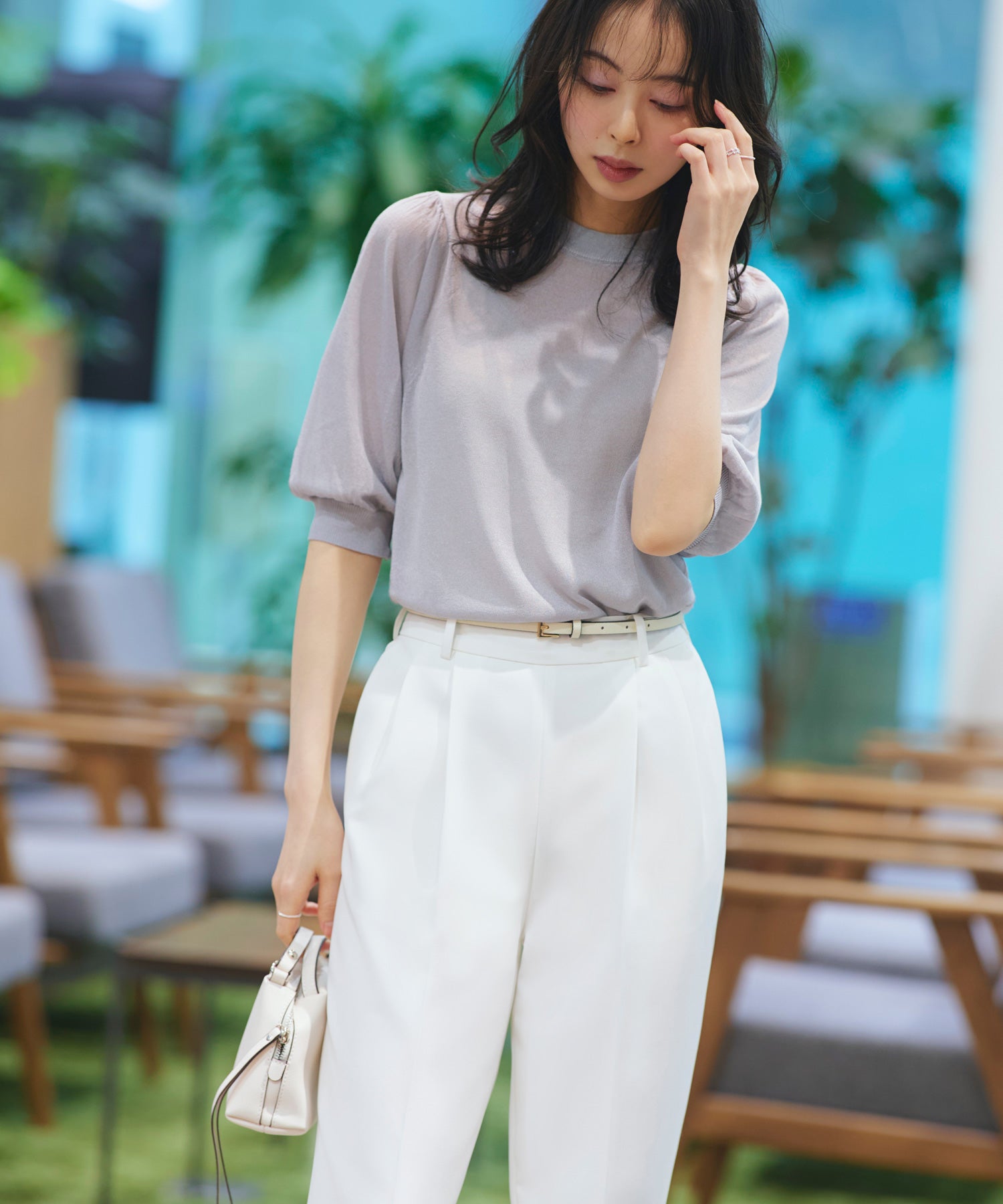 ルイルエブティック RUIRUE BOUTIQUE 洗える ストレッチ ｜ バックパール シアー パフ ニット ｜ レディース おしゃれ きれいめ 五分袖 オフィスカジュアル 通勤服 サマーニット ニットトップス （グレー） グレー
