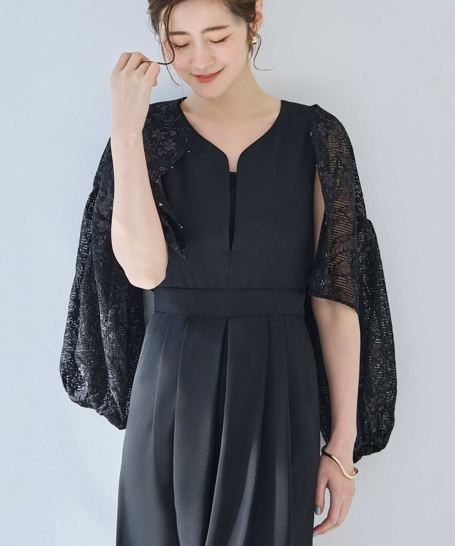 ルイルエブティック RUIRUE BOUTIQUE 洗える ｜ レース カーデ ＆ キーネック オールインワン セットアップ ｜ レディース おしゃれ きれいめ オフィスカジュアル 通勤服 夏コーデ パンツスーツ （ブラック） ブラック