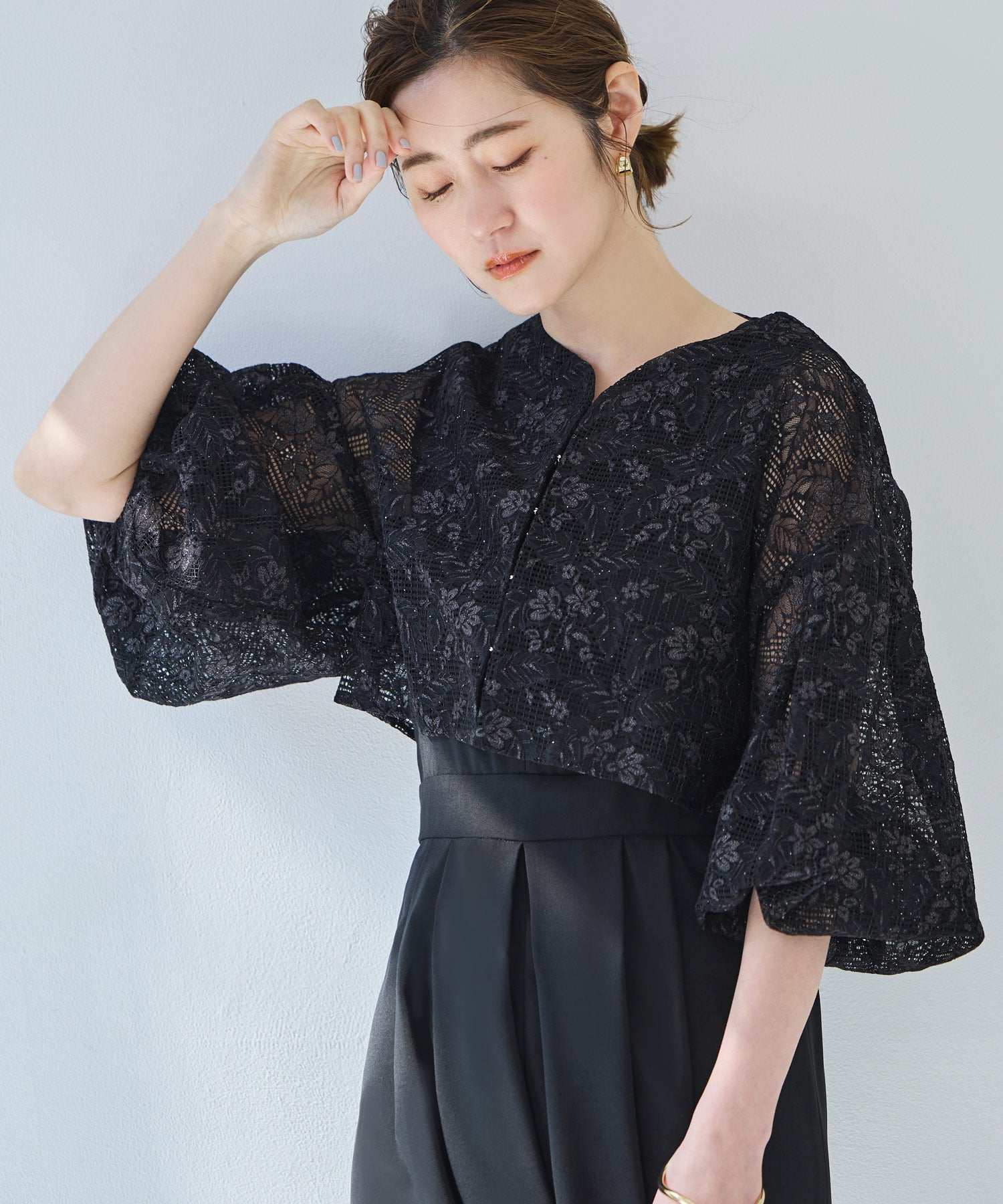 ルイルエブティック RUIRUE BOUTIQUE 洗える ｜ レース カーデ ＆ キーネック オールインワン セットアップ ｜ レディース おしゃれ きれいめ オフィスカジュアル 通勤服 夏コーデ パンツスーツ （ブラック） ブラック