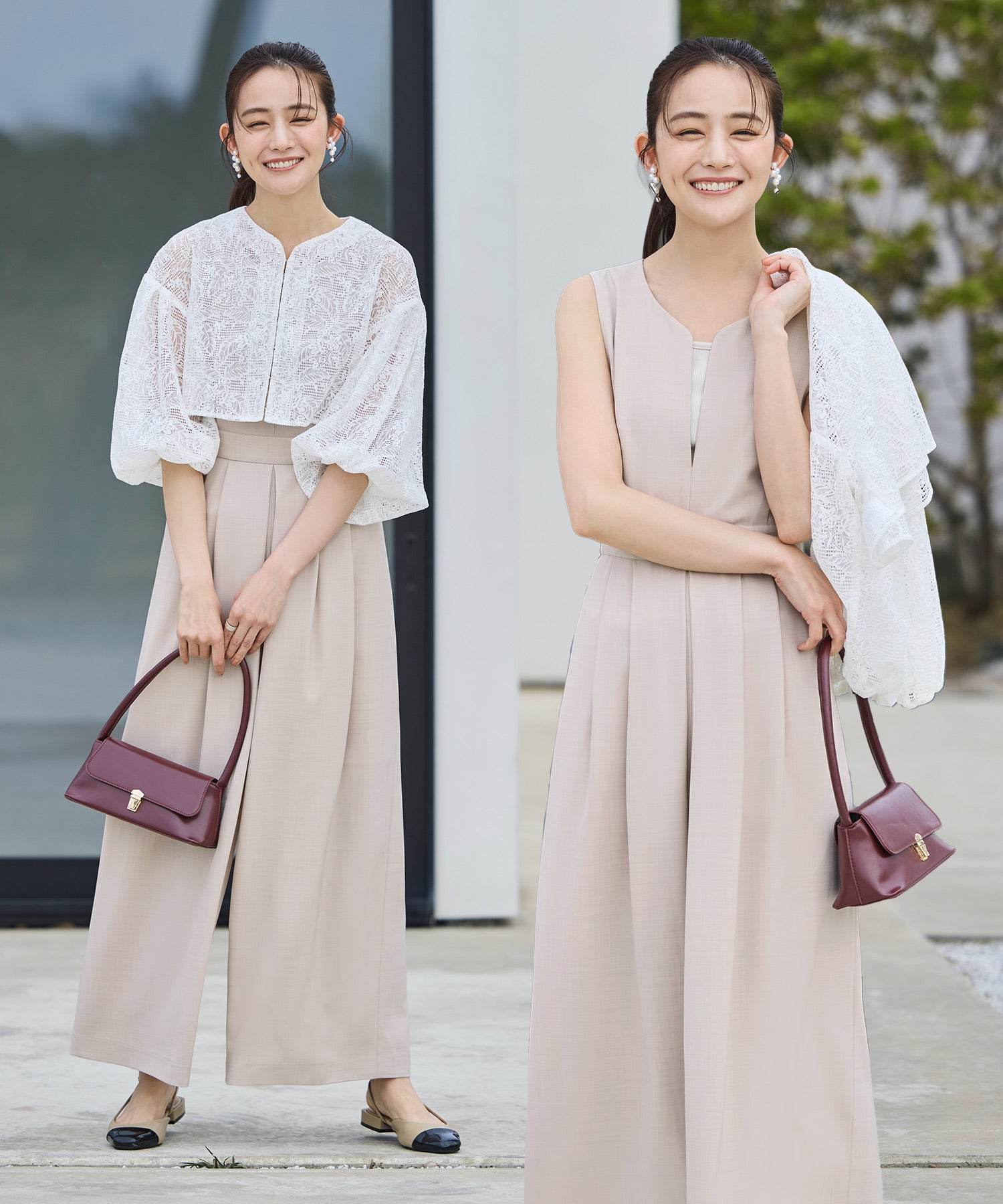 ルイルエブティック RUIRUE BOUTIQUE 洗える ｜ レース カーデ ＆ キーネック オールインワン セットアップ ｜ レディース おしゃれ きれいめ オフィスカジュアル 通勤服 夏コーデ パンツスーツ （オフホワイト） オフホワイト