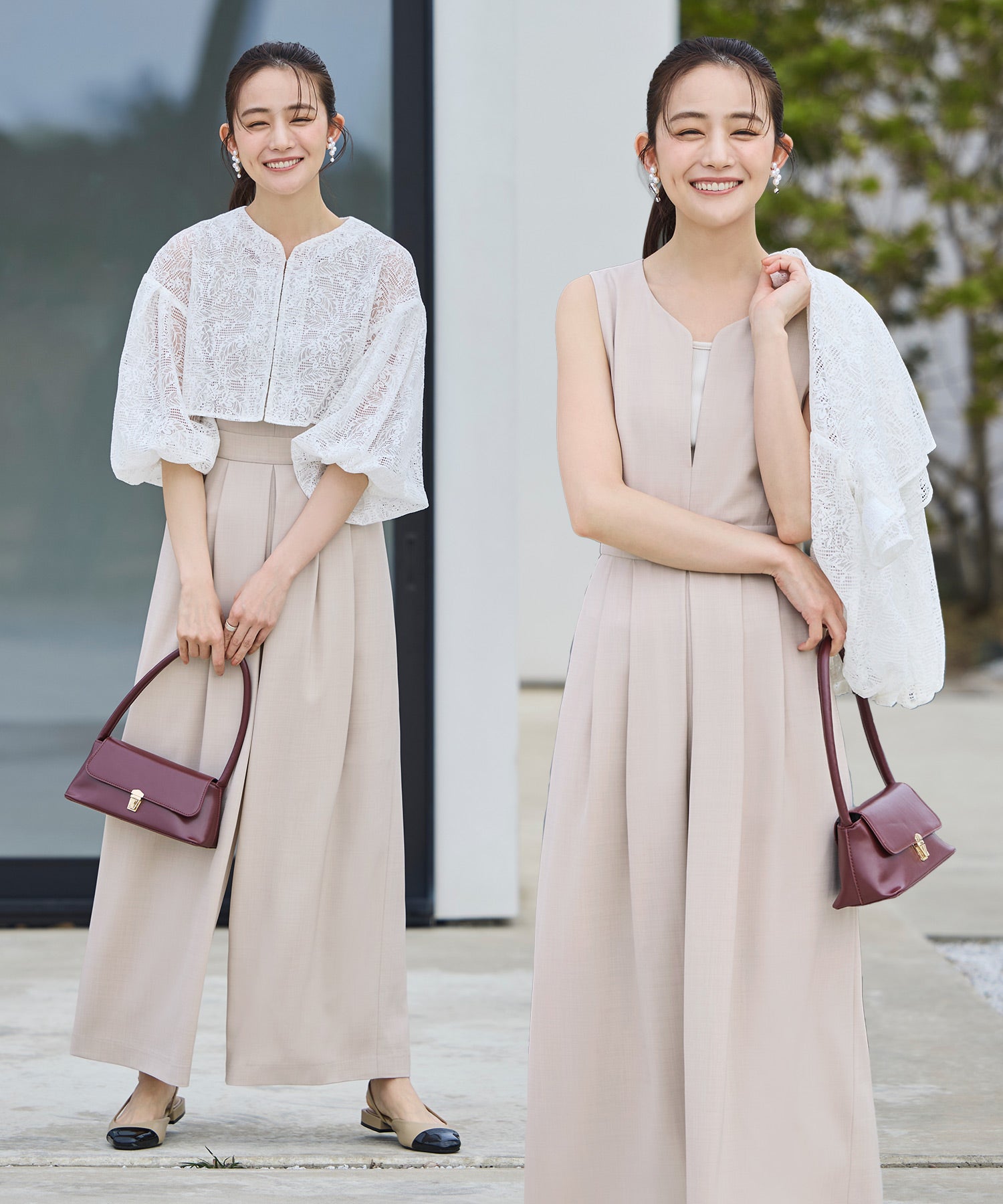 ルイルエブティック RUIRUE BOUTIQUE 洗える ｜ レース カーデ ＆ キーネック オールインワン セットアップ ｜ レディース おしゃれ きれいめ オフィスカジュアル 通勤服 夏コーデ パンツスーツ （オフホワイト） オフホワイト
