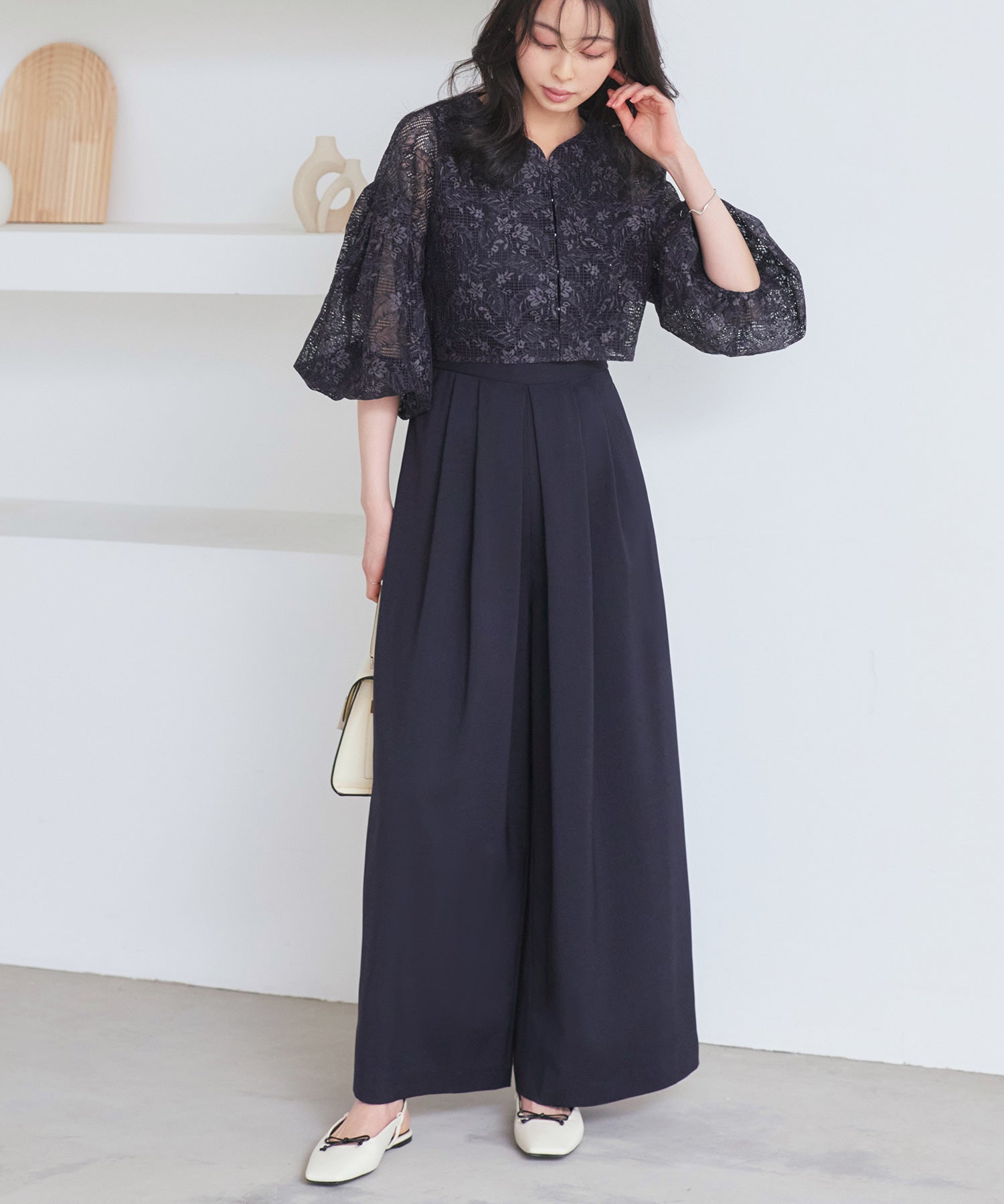 ルイルエブティック RUIRUE BOUTIQUE 洗える ｜ レース カーデ ＆ キーネック オールインワン セットアップ ｜ レディース おしゃれ きれいめ オフィスカジュアル 通勤服 夏コーデ パンツスーツ （ネイビー） ネイビー