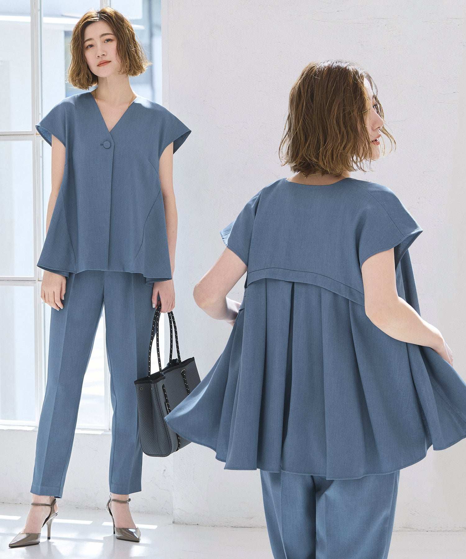 ルイルエブティック RUIRUE BOUTIQUE バックペプラムジレ＆テーパードパンツセットアップ （ブルー） ブルー