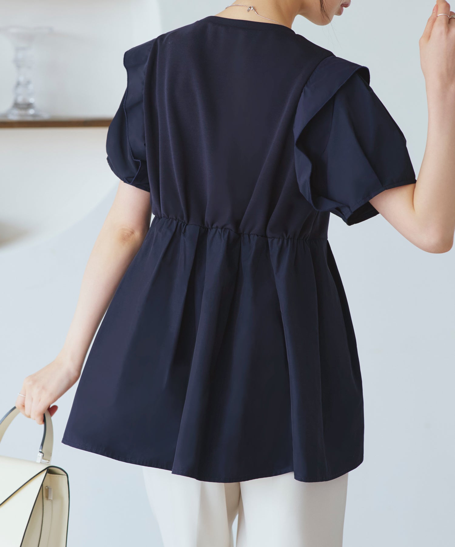 ルイルエブティック RUIRUE BOUTIQUE 【洗える】コンビネーション タックスリーブ ペプラムTシャツ （ネイビー） ネイビー