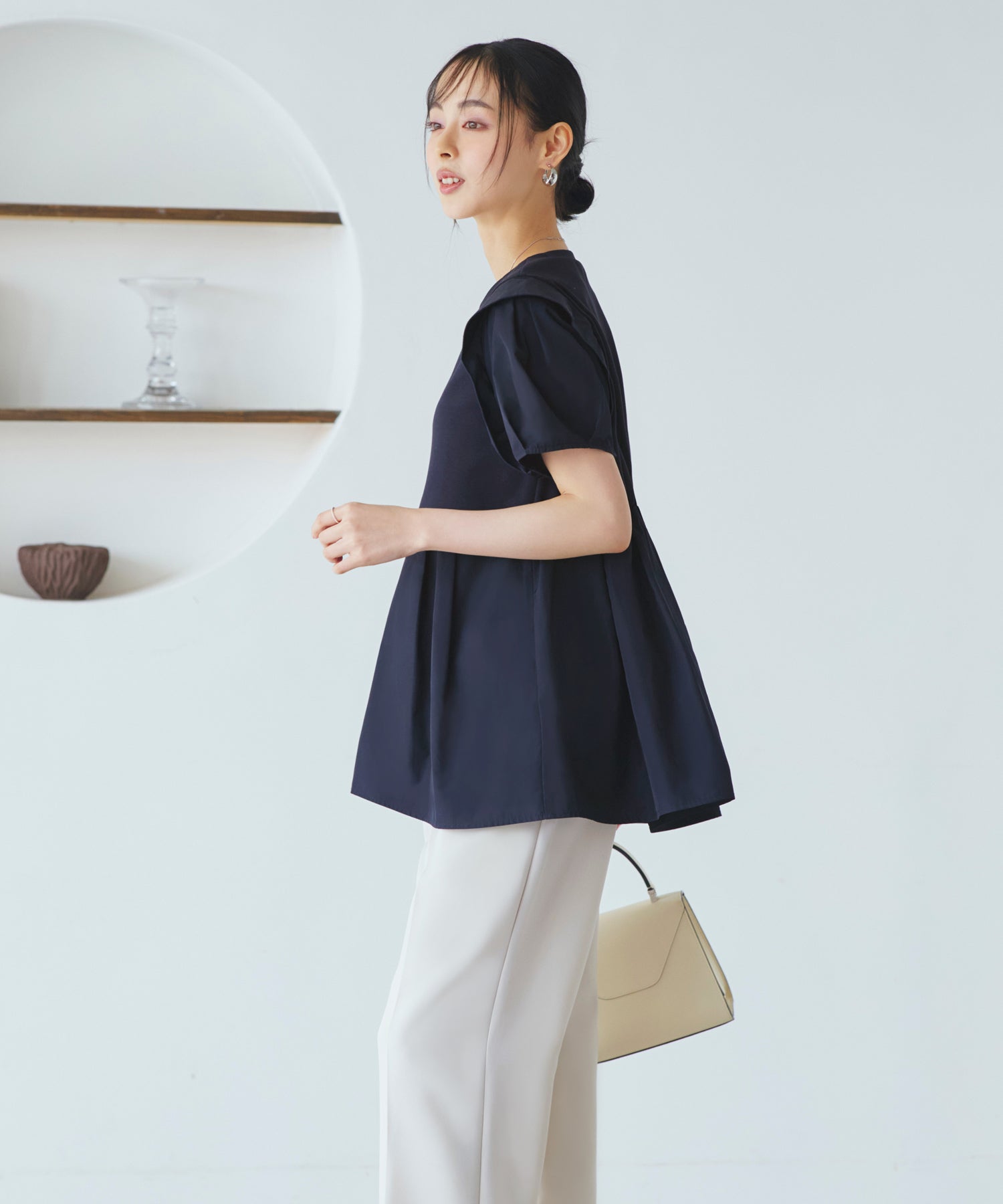 ルイルエブティック RUIRUE BOUTIQUE 【洗える】コンビネーション タックスリーブ ペプラムTシャツ （ネイビー） ネイビー