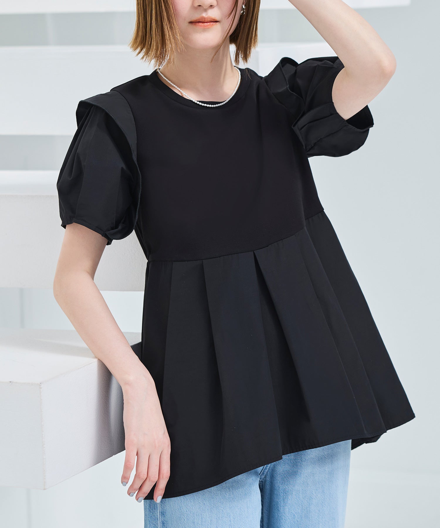 ルイルエブティック RUIRUE BOUTIQUE 【洗える】コンビネーション タックスリーブ ペプラムTシャツ （ブラック） ブラック