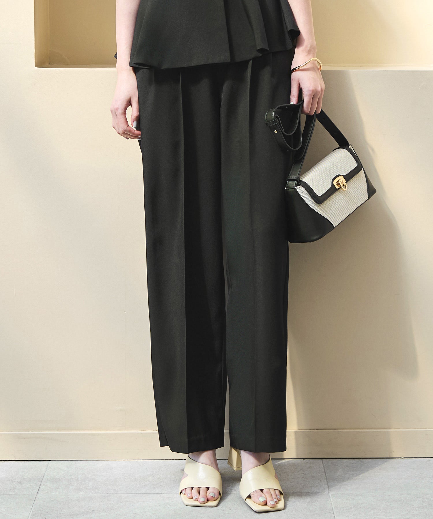 ルイルエブティック RUIRUE BOUTIQUE 洗える ｜ フレンチシック パンツ セットアップ ｜ レディース おしゃれ きれいめ オフィスカジュアル 通勤服 夏コーデ ペプラム ジャケット ワイドパンツ （ブラック） ブラック