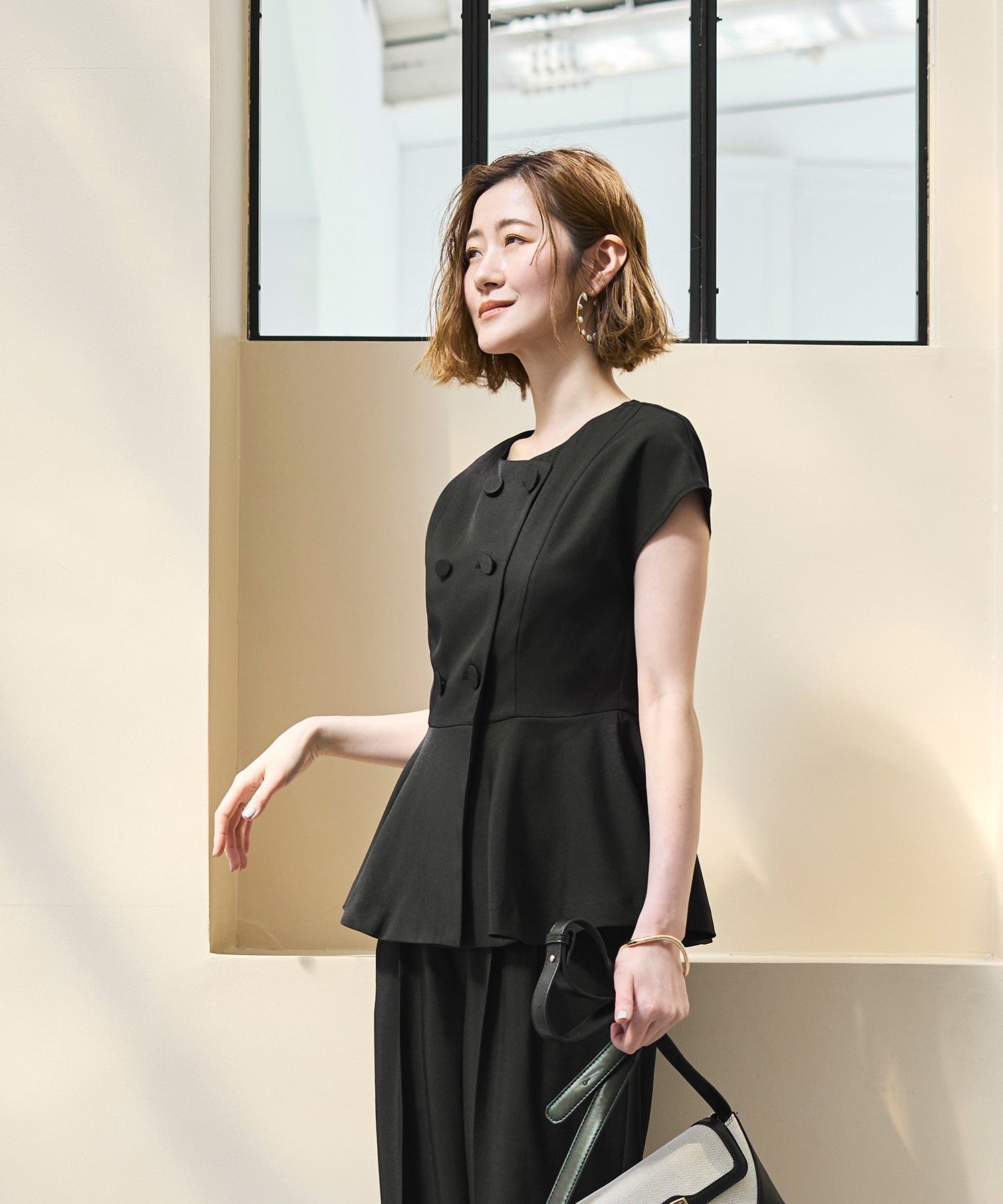 ルイルエブティック RUIRUE BOUTIQUE 洗える ｜ フレンチシック パンツ セットアップ ｜ レディース おしゃれ きれいめ オフィスカジュアル 通勤服 夏コーデ ペプラム ジャケット ワイドパンツ （ブラック） ブラック