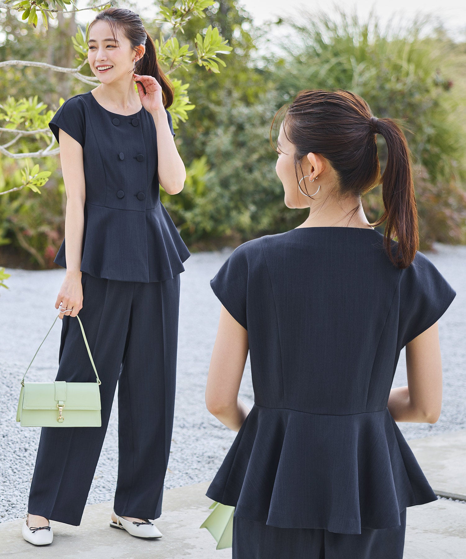 ルイルエブティック RUIRUE BOUTIQUE 洗える ｜ フレンチシック パンツ セットアップ ｜ レディース おしゃれ きれいめ オフィスカジュアル 通勤服 夏コーデ ペプラム ジャケット ワイドパンツ （ネイビー） ネイビー