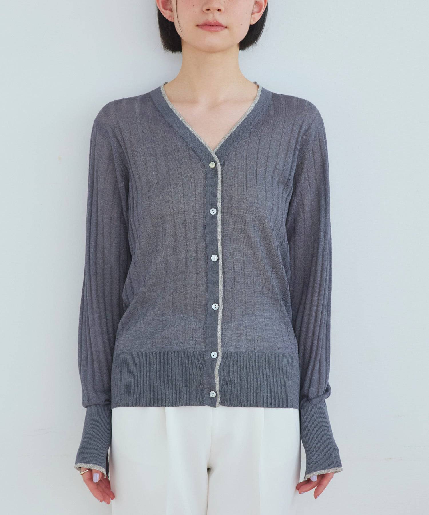 ルイルエブティック RUIRUE BOUTIQUE 洗える ストレッチ ｜ ラメ バイカラー シアー リブ カーデ ｜ レディース きれいめ 長袖 オフィスカジュアル 通勤服 サマーニット ニットトップス リブニット カーディガン （ホワイト） ホワイト