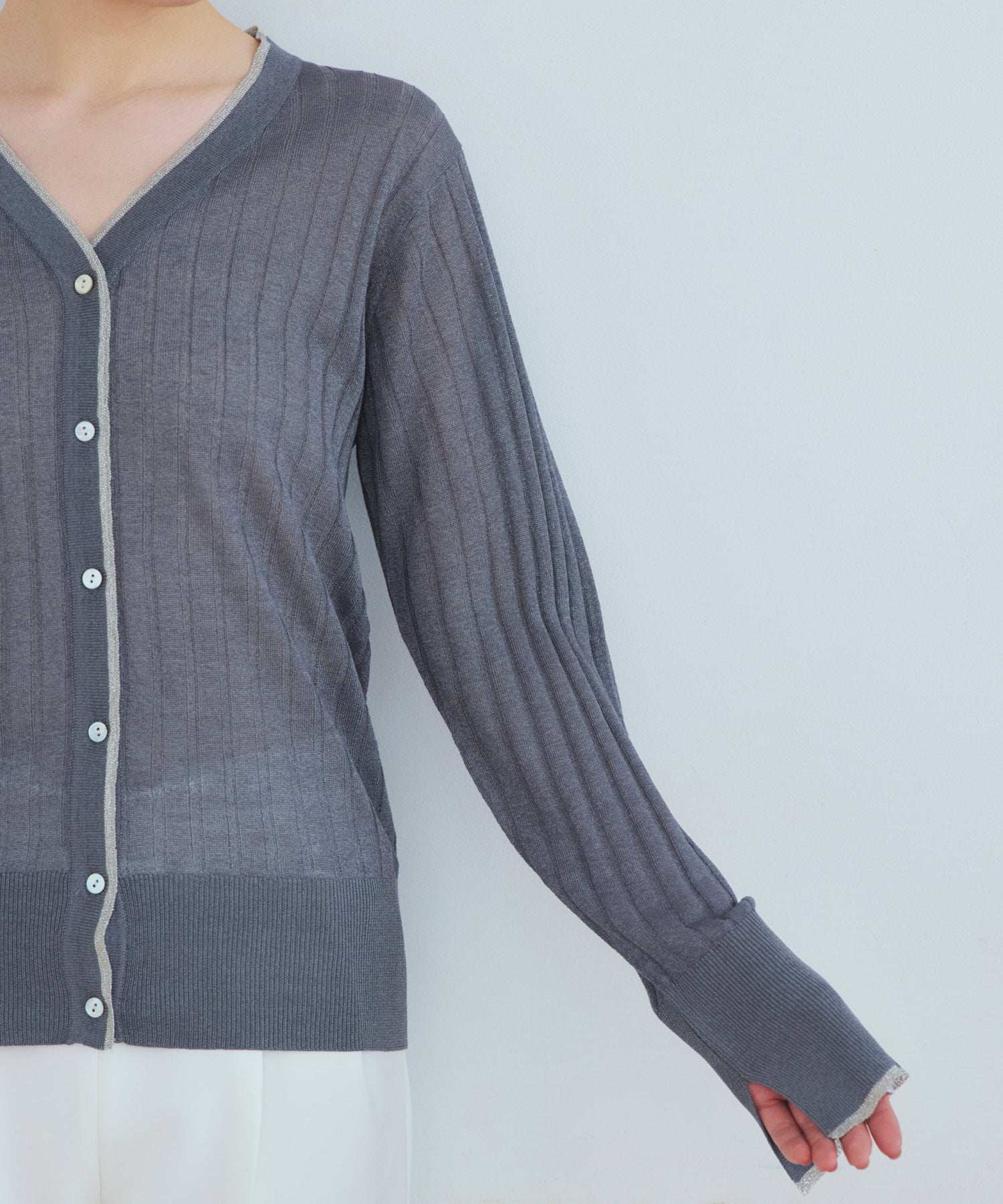 ルイルエブティック RUIRUE BOUTIQUE 洗える ストレッチ ｜ ラメ バイカラー シアー リブ カーデ ｜ レディース きれいめ 長袖 オフィスカジュアル 通勤服 サマーニット ニットトップス リブニット カーディガン （ホワイト） ホワイト