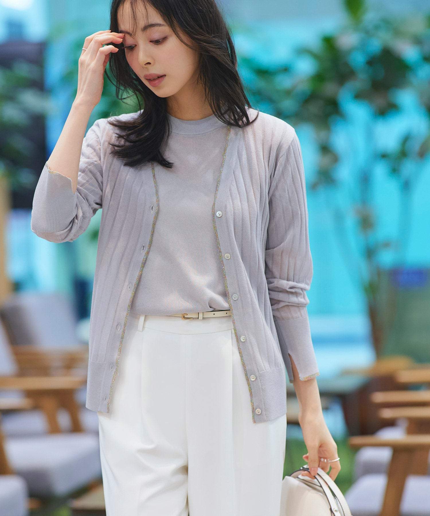 ルイルエブティック RUIRUE BOUTIQUE 洗える ストレッチ ｜ ラメ バイカラー シアー リブ カーデ ｜ レディース きれいめ 長袖 オフィスカジュアル 通勤服 サマーニット ニットトップス リブニット カーディガン （グレー） グレー