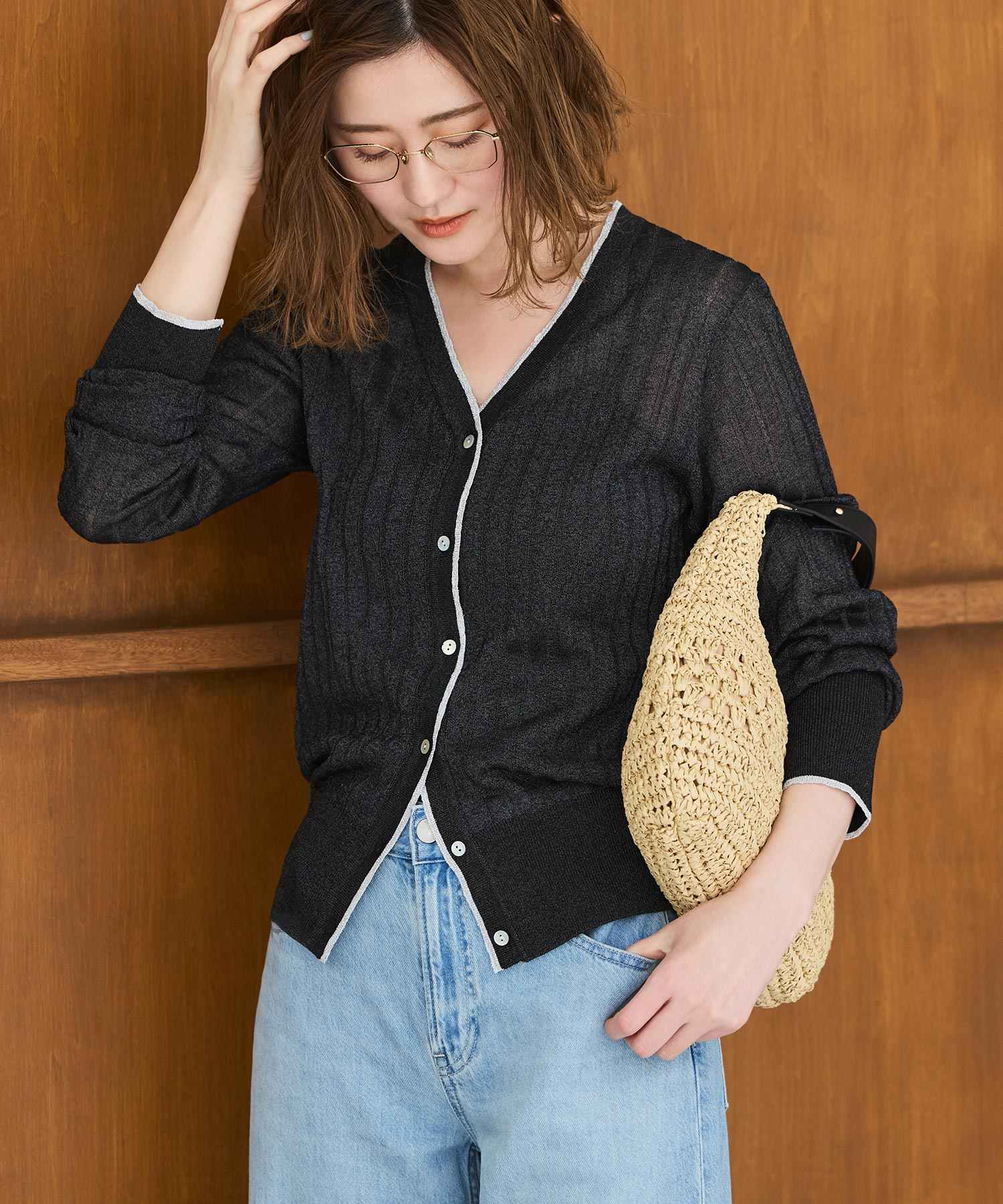 ルイルエブティック RUIRUE BOUTIQUE 洗える ストレッチ ｜ ラメ バイカラー シアー リブ カーデ ｜ レディース きれいめ 長袖 オフィスカジュアル 通勤服 サマーニット ニットトップス リブニット カーディガン （ブラック） ブラック