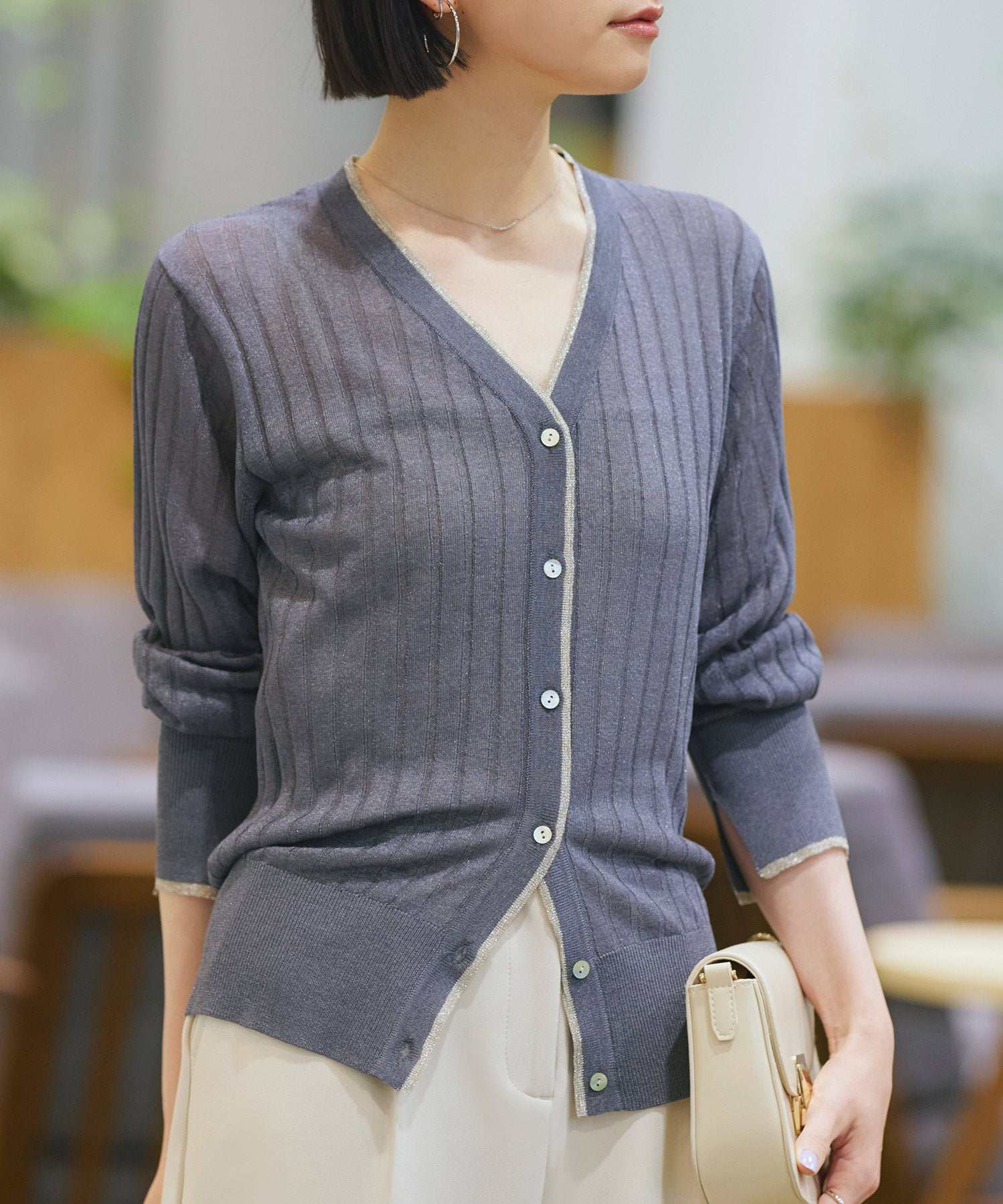 ルイルエブティック RUIRUE BOUTIQUE 洗える ストレッチ ｜ ラメ バイカラー シアー リブ カーデ ｜ レディース きれいめ 長袖 オフィスカジュアル 通勤服 サマーニット ニットトップス リブニット カーディガン （チャコールグレー） チャコールグレー