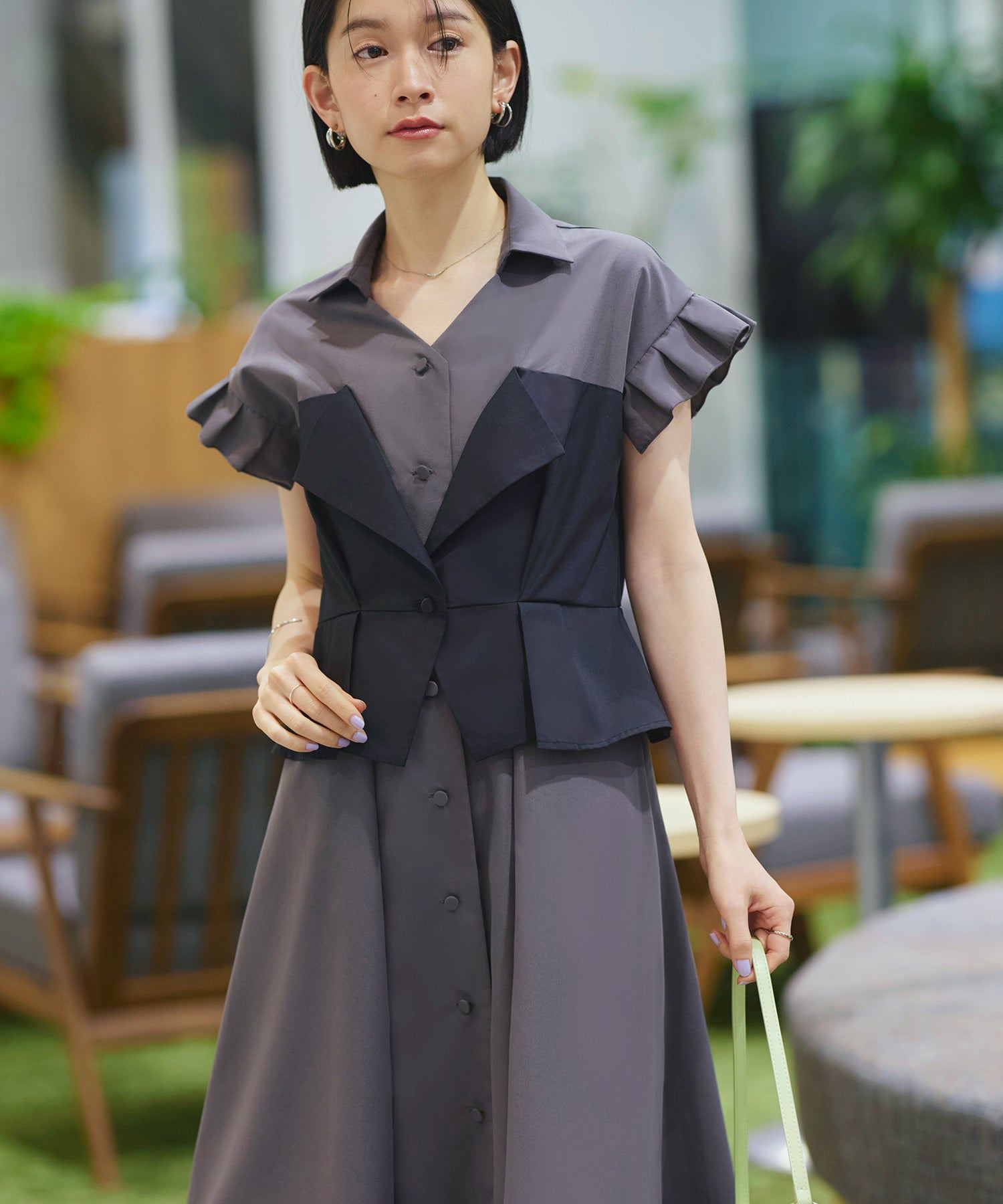 ルイルエブティック RUIRUE BOUTIQUE ビスチェ風バイカラーシャツワンピース （チャコール×ブラック） チャコール×ブラック