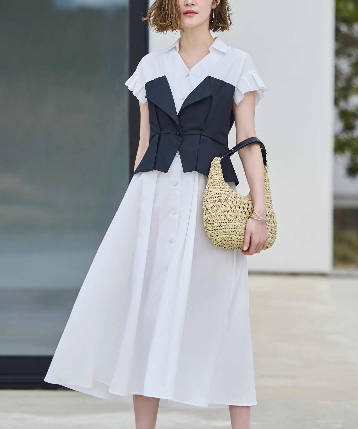 ルイルエブティック RUIRUE BOUTIQUE ビスチェ風バイカラーシャツワンピース （ホワイト×ブラック） ホワイト×ブラック