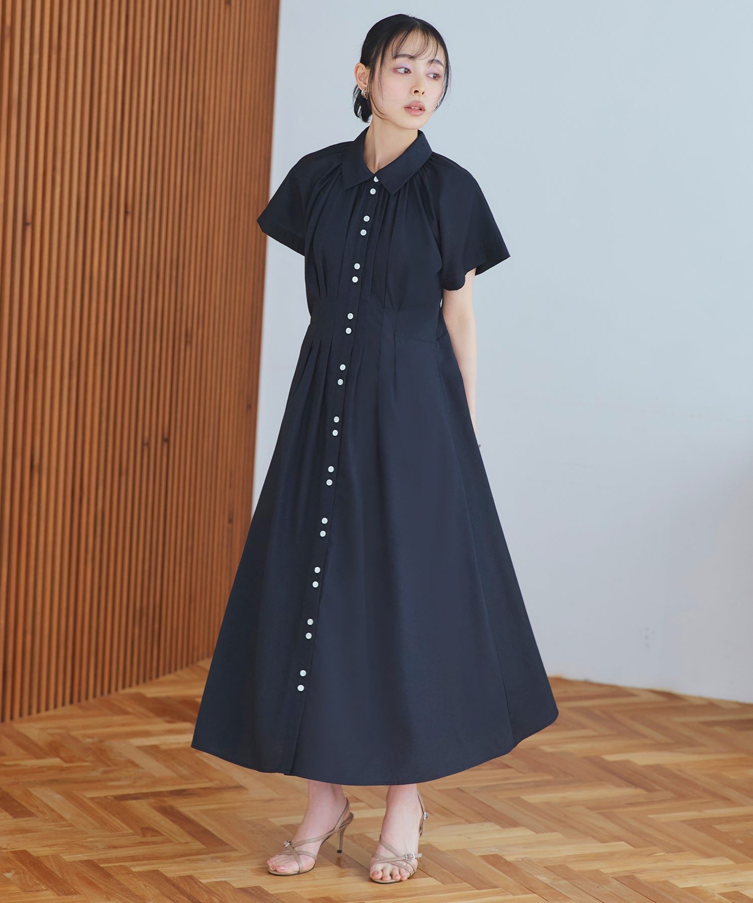 ルイルエブティック RUIRUE BOUTIQUE 洗える ｜ タック ＆ フレア ロング シャツワンピース ｜ レディース おしゃれ きれいめ オフィスカジュアル 通勤服 休日コーデ シャツワンピ ワンピース （ブラック） ブラック