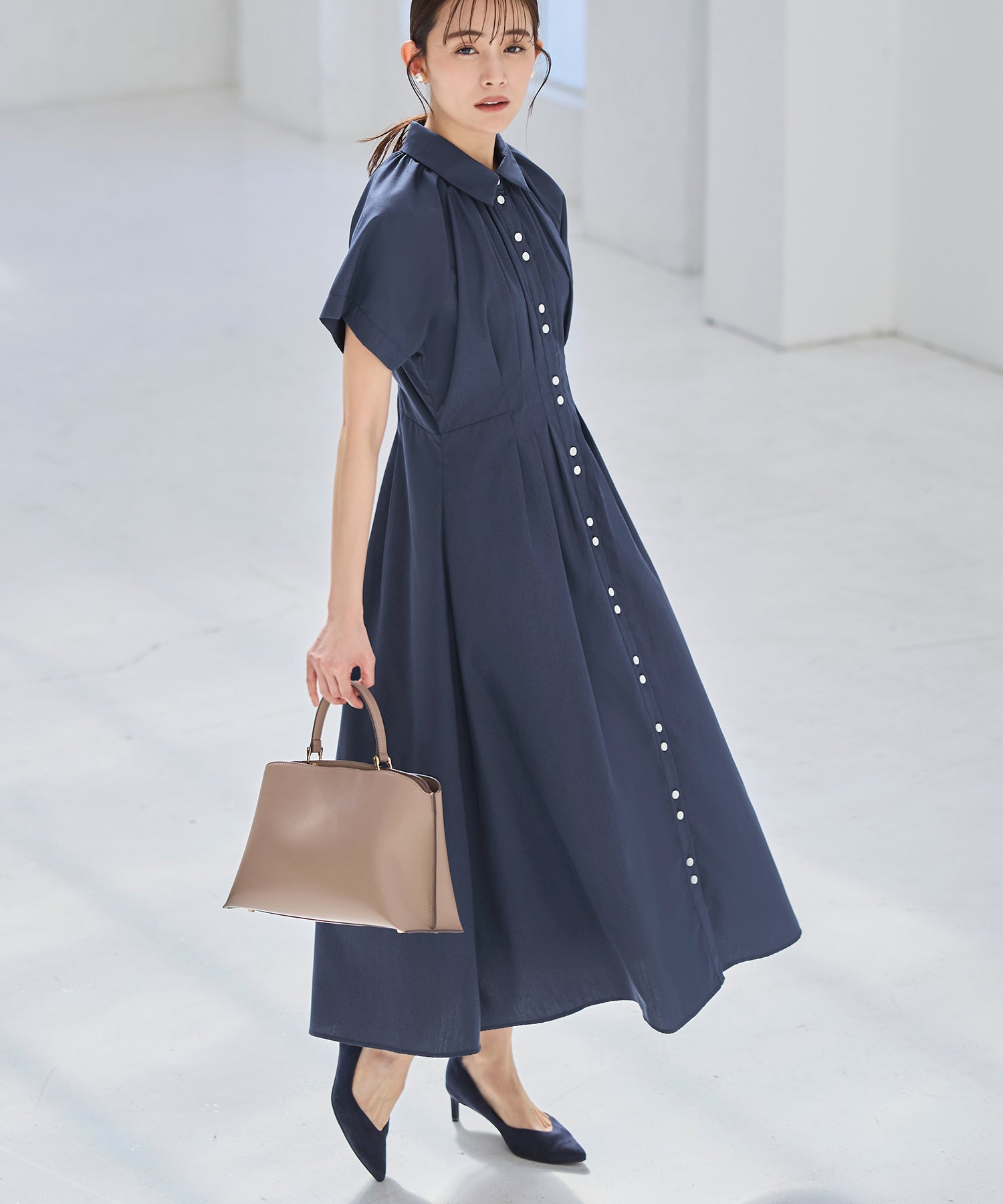 ルイルエブティック RUIRUE BOUTIQUE 洗える ｜ タック ＆ フレア ロング シャツワンピース ｜ レディース おしゃれ きれいめ オフィスカジュアル 通勤服 休日コーデ シャツワンピ ワンピース （アッシュブルー） アッシュブルー