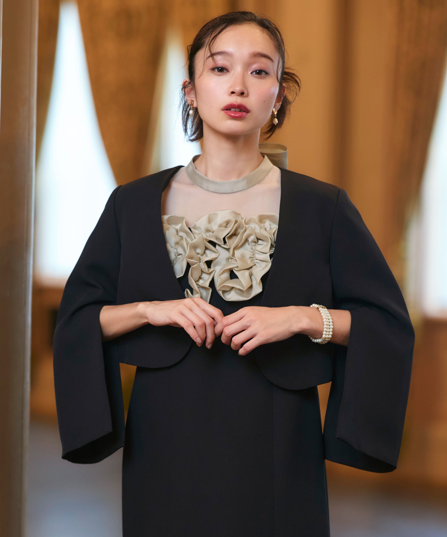 ルイルエブティック RUIRUE BOUTIQUE オケージョンドレス 結婚式 ストレッチ ｜ ボレロ ＆ フリル ワンピ セットアップ ｜ 二次会 披露宴 美脚 ワンピース オケージョン お呼ばれ パーティードレス （ブラック） ブラック