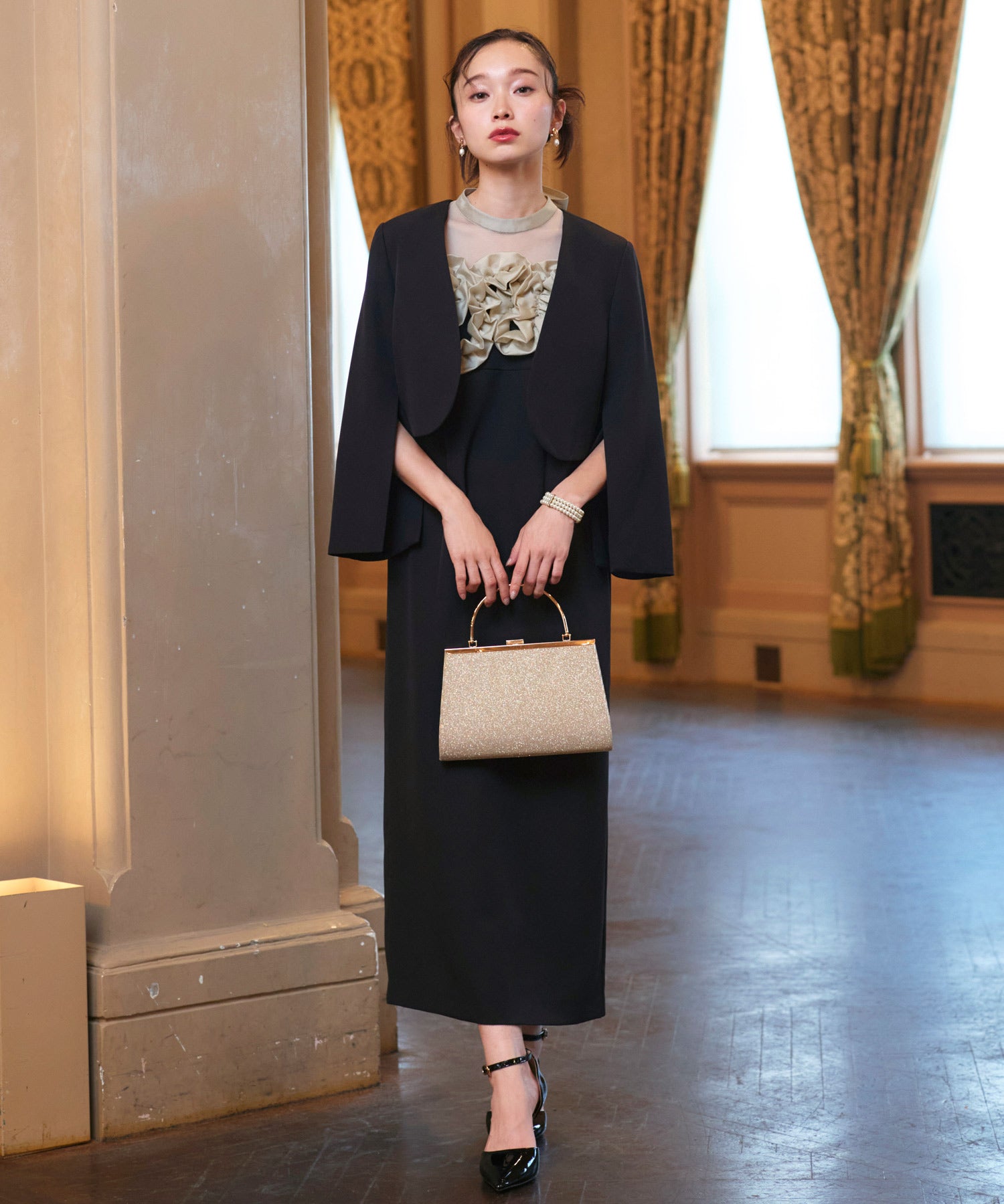 ルイルエブティック RUIRUE BOUTIQUE オケージョンドレス 結婚式 ストレッチ ｜ ボレロ ＆ フリル ワンピ セットアップ ｜ 二次会 披露宴 美脚 ワンピース オケージョン お呼ばれ パーティードレス （ブラック） ブラック