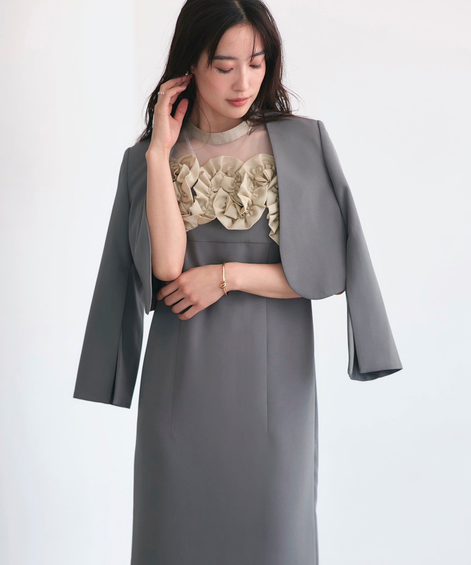 ルイルエブティック RUIRUE BOUTIQUE オケージョンドレス 結婚式 ストレッチ ｜ ボレロ ＆ フリル ワンピ セットアップ ｜ 二次会 披露宴 美脚 ワンピース オケージョン お呼ばれ パーティードレス （アッシュグレー） アッシュグレー