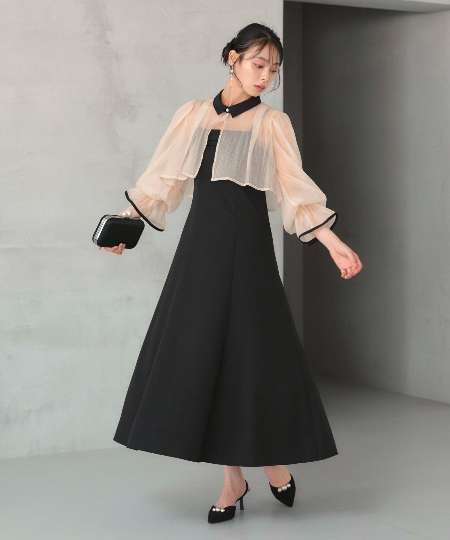 ルイルエブティック RUIRUE BOUTIQUE オケージョンドレス 結婚式 ストレッチ ｜ エアリー シアー トップス ＆ キャミ フレア ドレス ｜ 二次会 披露宴 美脚 ワンピース オケージョン お呼ばれ パーティードレス （ベージュ×ブラック） ベージュ×ブラック