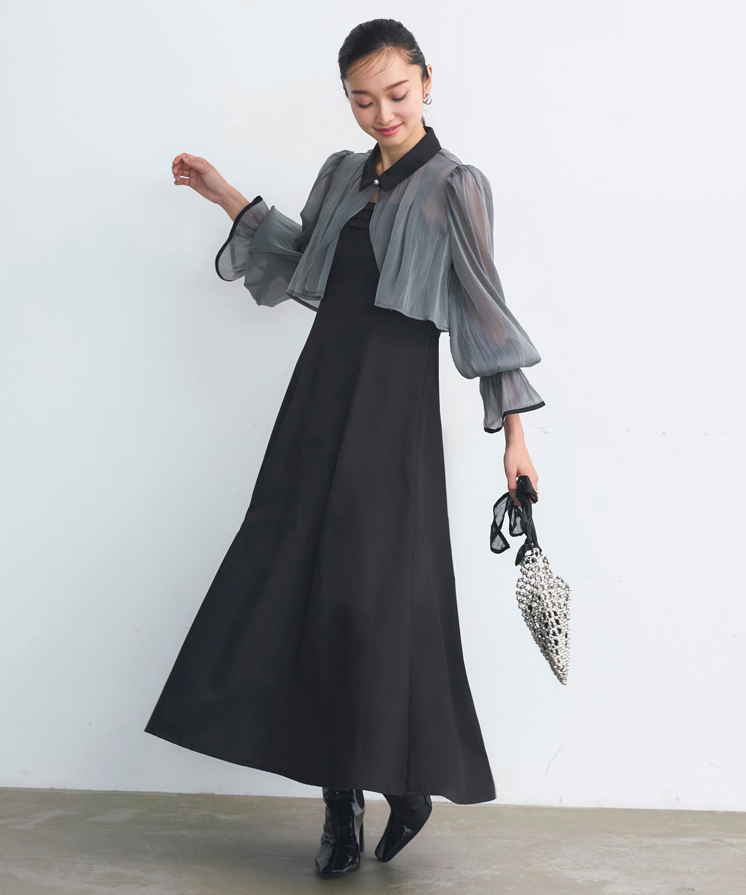 ルイルエブティック RUIRUE BOUTIQUE オケージョンドレス 結婚式 ストレッチ ｜ エアリー シアー トップス ＆ キャミ フレア ドレス ｜ 二次会 披露宴 美脚 ワンピース オケージョン お呼ばれ パーティードレス （グレー×ブラック） グレー×ブラック
