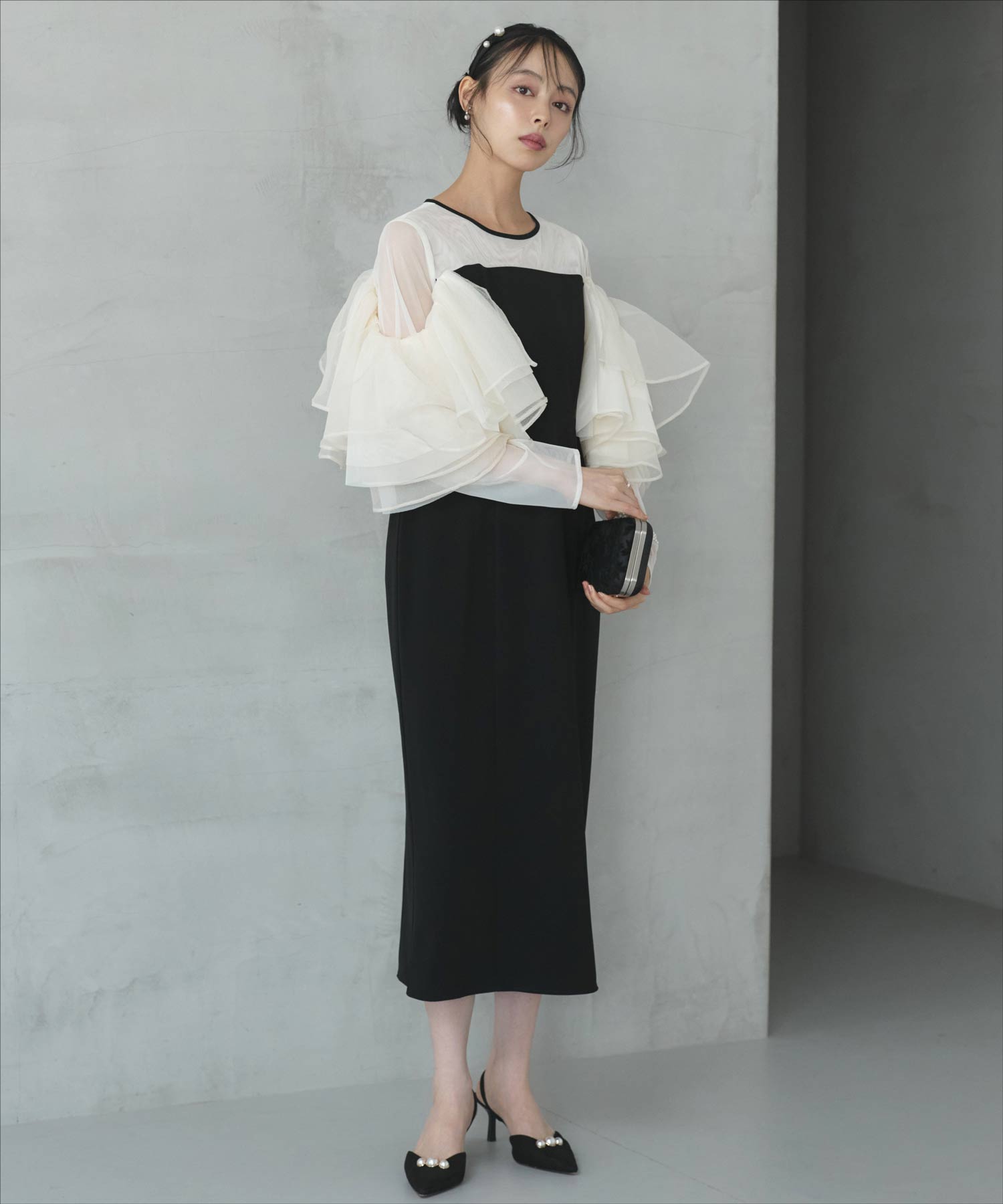 ルイルエブティック RUIRUE BOUTIQUE オケージョンドレス 結婚式 ストレッチ ｜ ボリューム フリルスリーブ タイトワンピース ドレス ｜ 二次会 披露宴 美脚 ワンピース オケージョン お呼ばれ パーティードレス （ブラック×ベージュ） ブラック×ベージュ