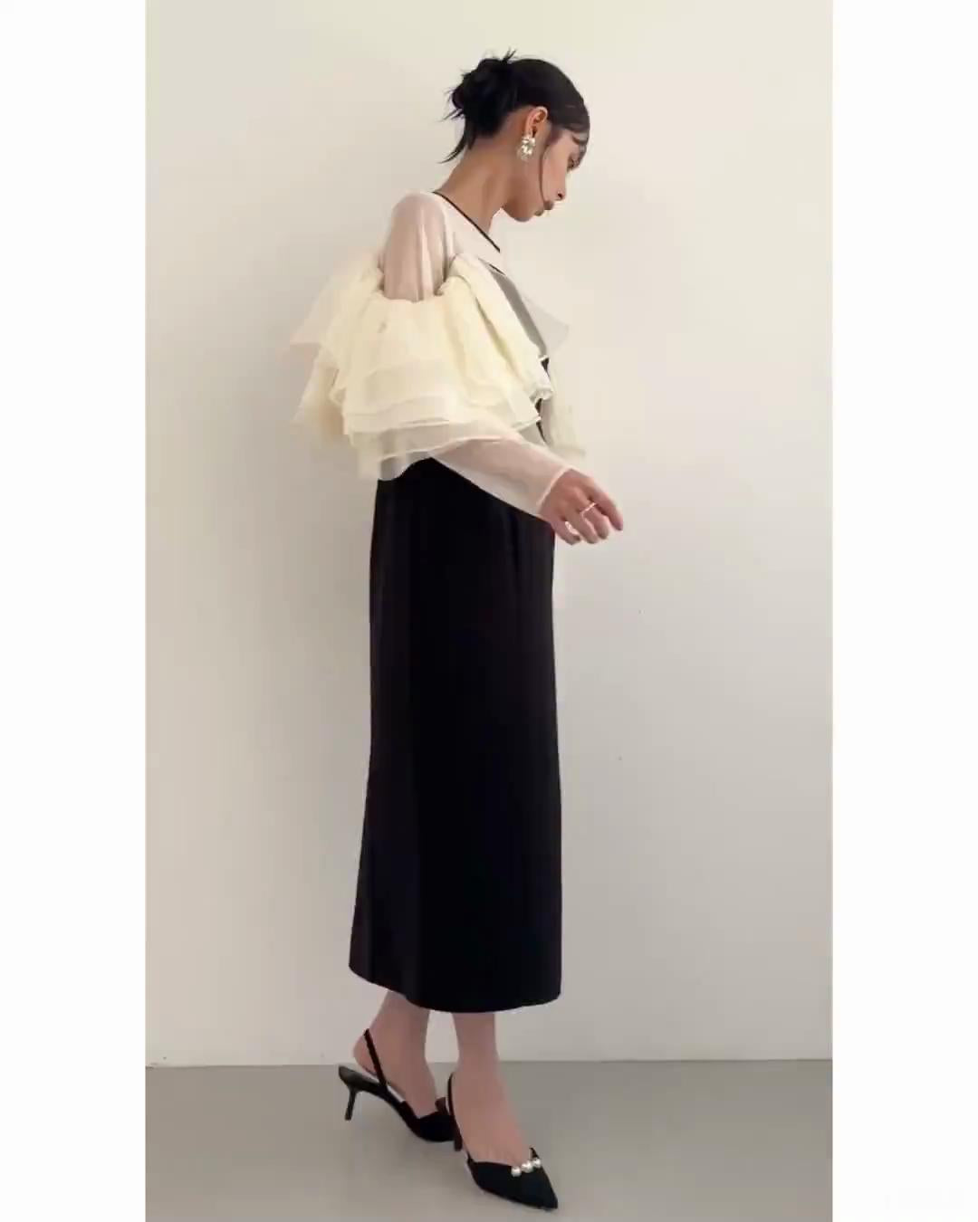 ルイルエブティック RUIRUE BOUTIQUE オケージョンドレス 結婚式 ストレッチ ｜ ボリューム フリルスリーブ タイトワンピース ドレス ｜ 二次会 披露宴 美脚 ワンピース オケージョン お呼ばれ パーティードレス （ブラック×ベージュ） ブラック×ベージュ