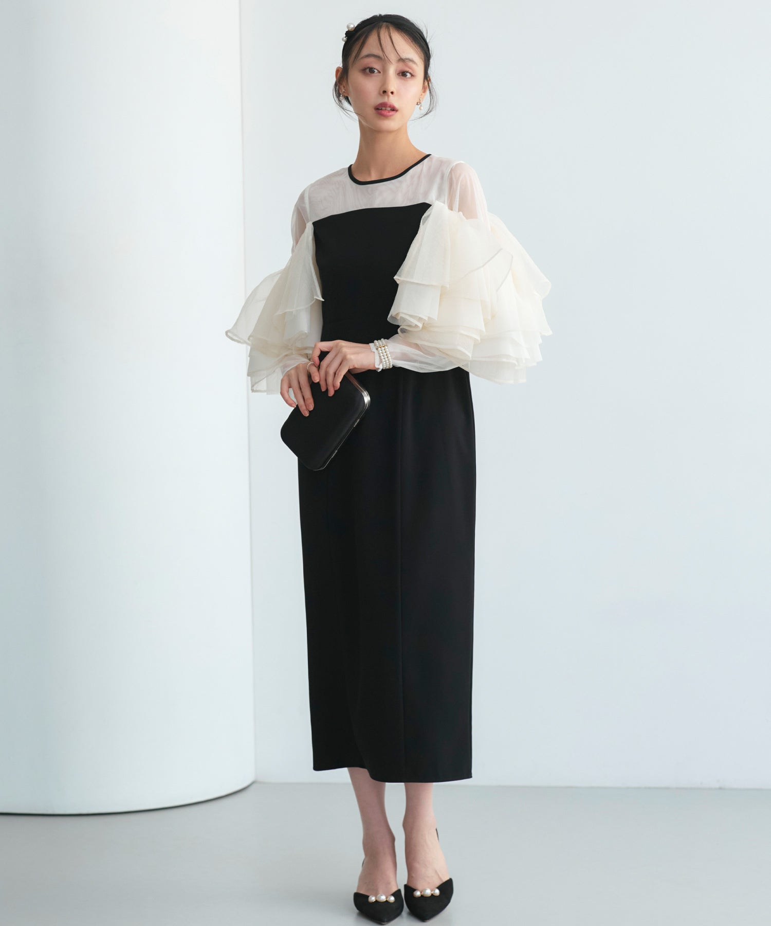 ルイルエブティック RUIRUE BOUTIQUE オケージョンドレス 結婚式 ストレッチ ｜ ボリューム フリルスリーブ タイトワンピース ドレス ｜ 二次会 披露宴 美脚 ワンピース オケージョン お呼ばれ パーティードレス （ブラック×ベージュ） ブラック×ベージュ