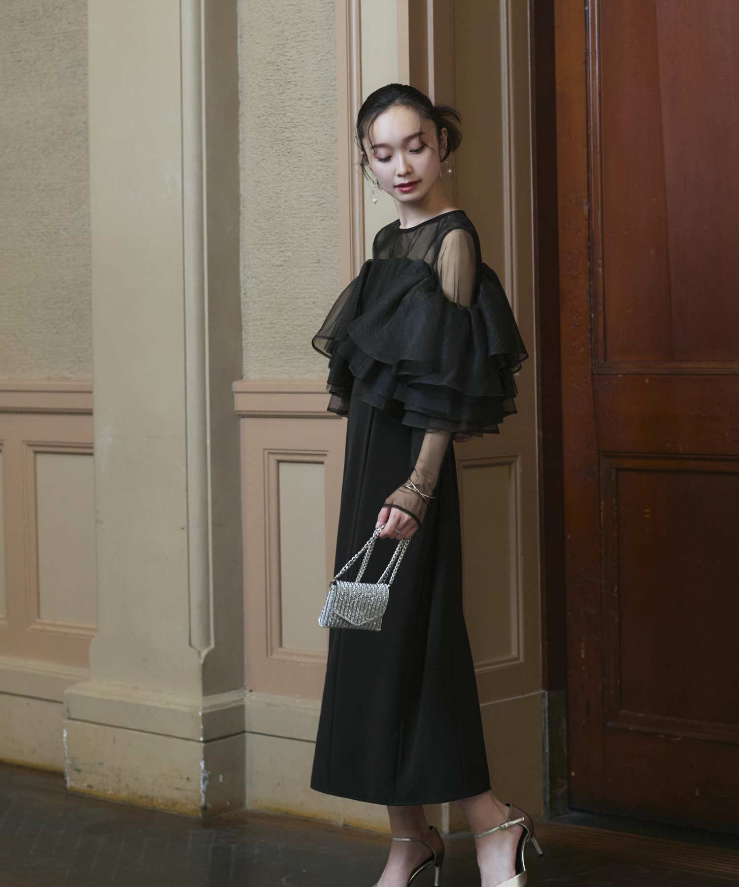 ルイルエブティック RUIRUE BOUTIQUE オケージョンドレス 結婚式 ストレッチ ｜ ボリューム フリルスリーブ タイトワンピース ドレス ｜ 二次会 披露宴 美脚 ワンピース オケージョン お呼ばれ パーティードレス （ブラック） ブラック