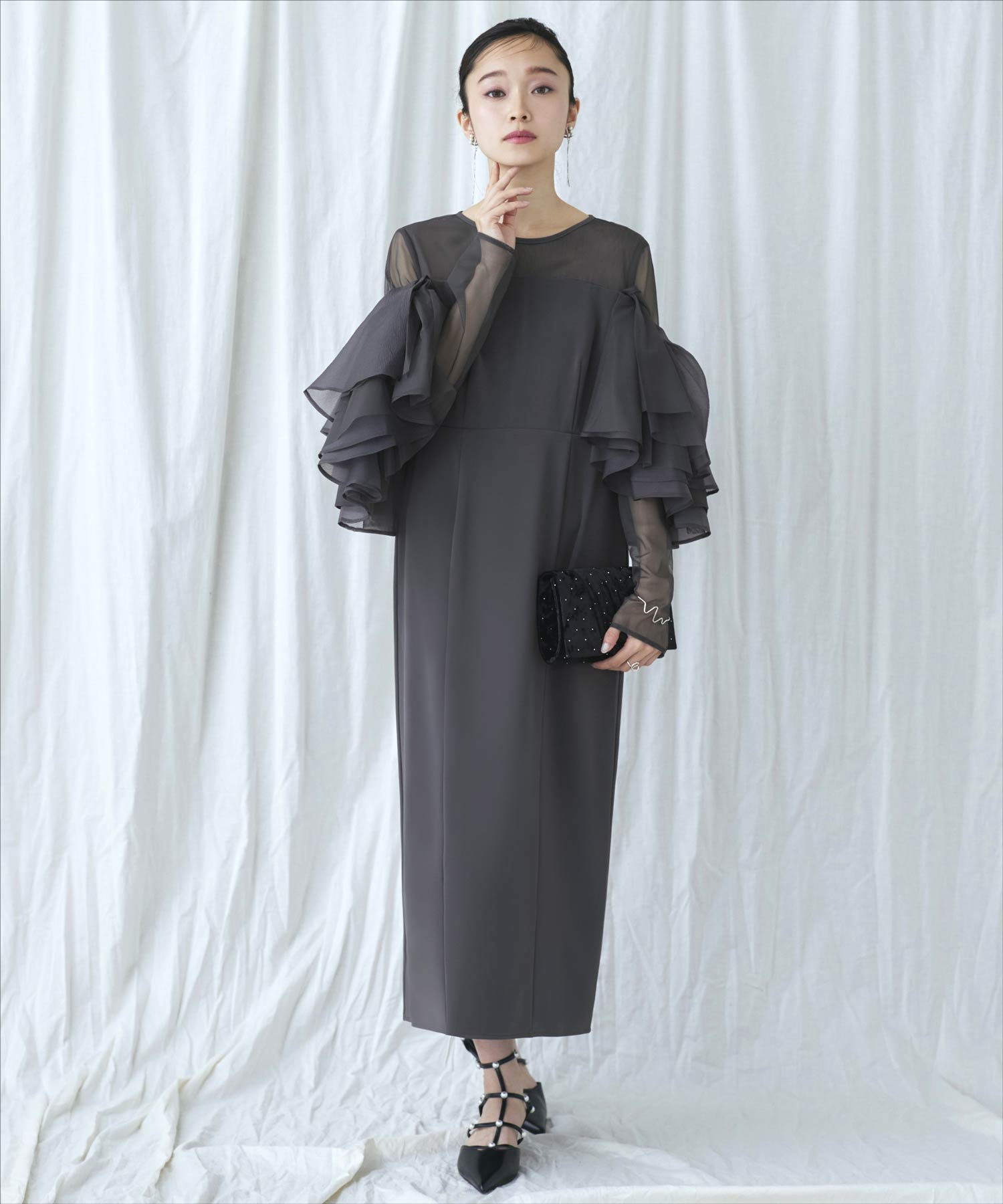 ルイルエブティック RUIRUE BOUTIQUE オケージョンドレス 結婚式 ストレッチ ｜ ボリューム フリルスリーブ タイトワンピース ドレス ｜ 二次会 披露宴 美脚 ワンピース オケージョン お呼ばれ パーティードレス （チャコール） チャコール