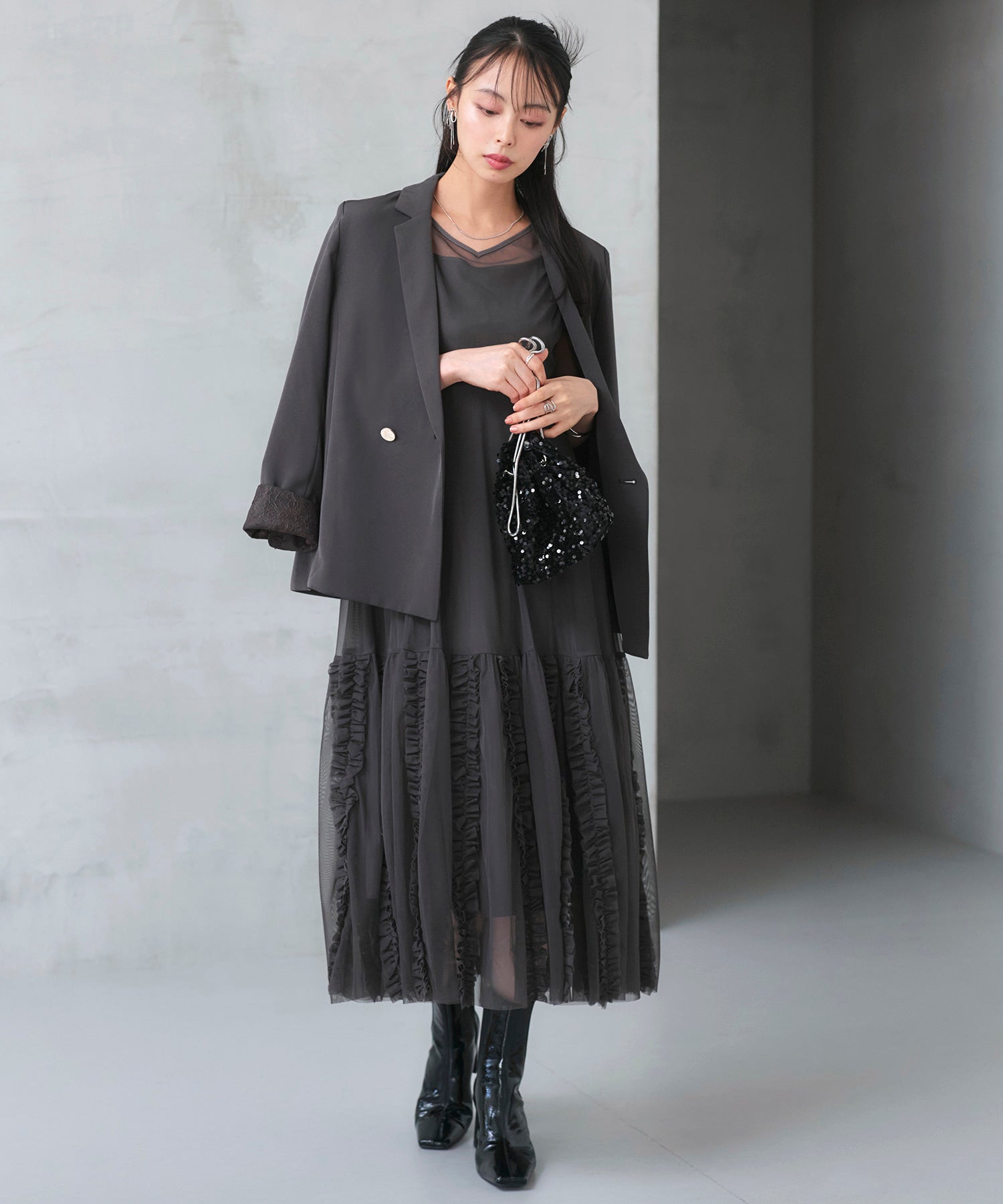 ルイルエブティック RUIRUE BOUTIQUE オケージョンドレス 結婚式 ストレッチ ｜ ジャケット ＆ チュール フリル ワンピース セット ｜ 二次会 披露宴 美脚 ワンピース オケージョン お呼ばれ パーティードレス （チャコール） チャコール