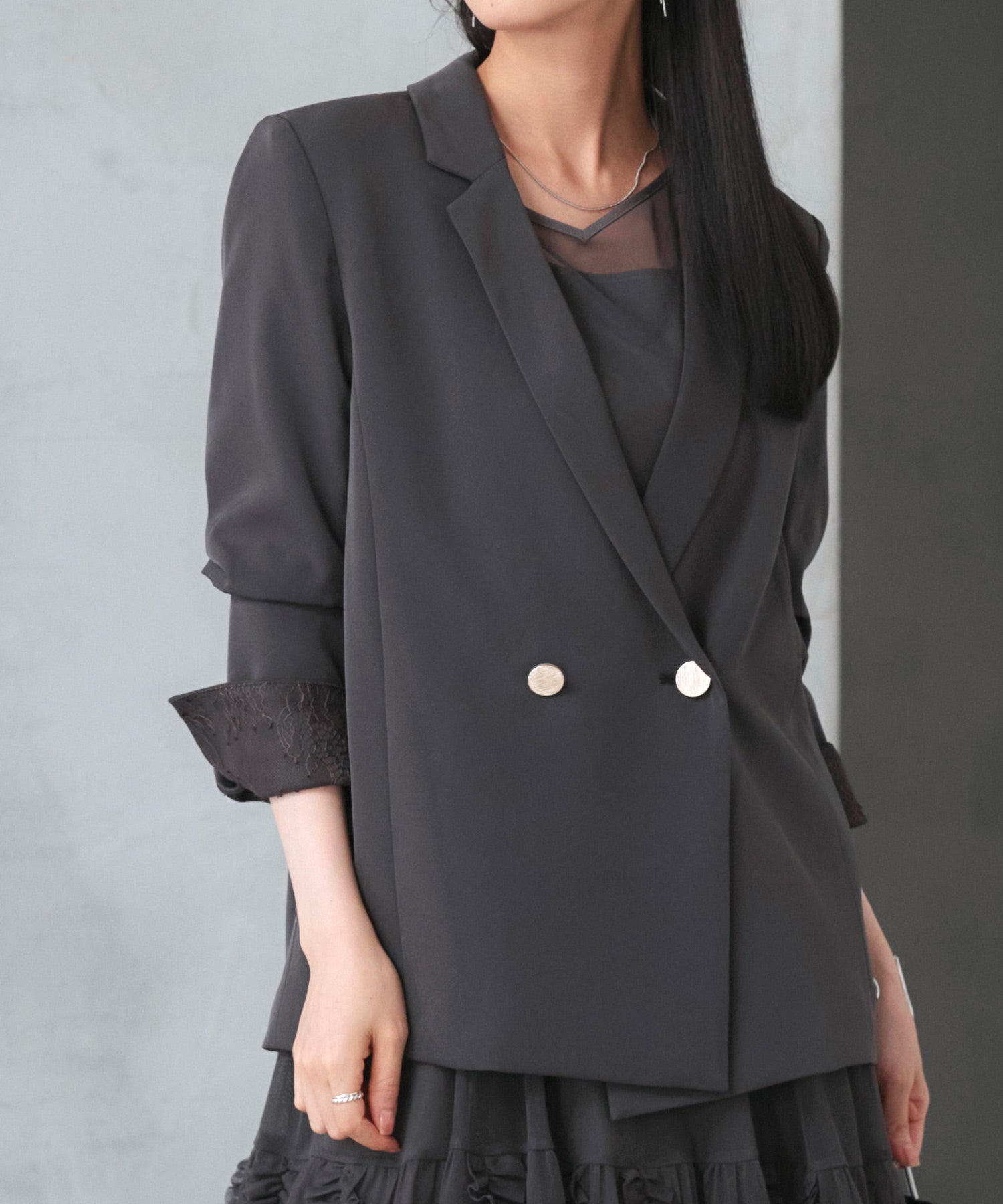 ルイルエブティック RUIRUE BOUTIQUE オケージョンドレス 結婚式 ストレッチ ｜ ジャケット ＆ チュール フリル ワンピース セット ｜ 二次会 披露宴 美脚 ワンピース オケージョン お呼ばれ パーティードレス （チャコール） チャコール